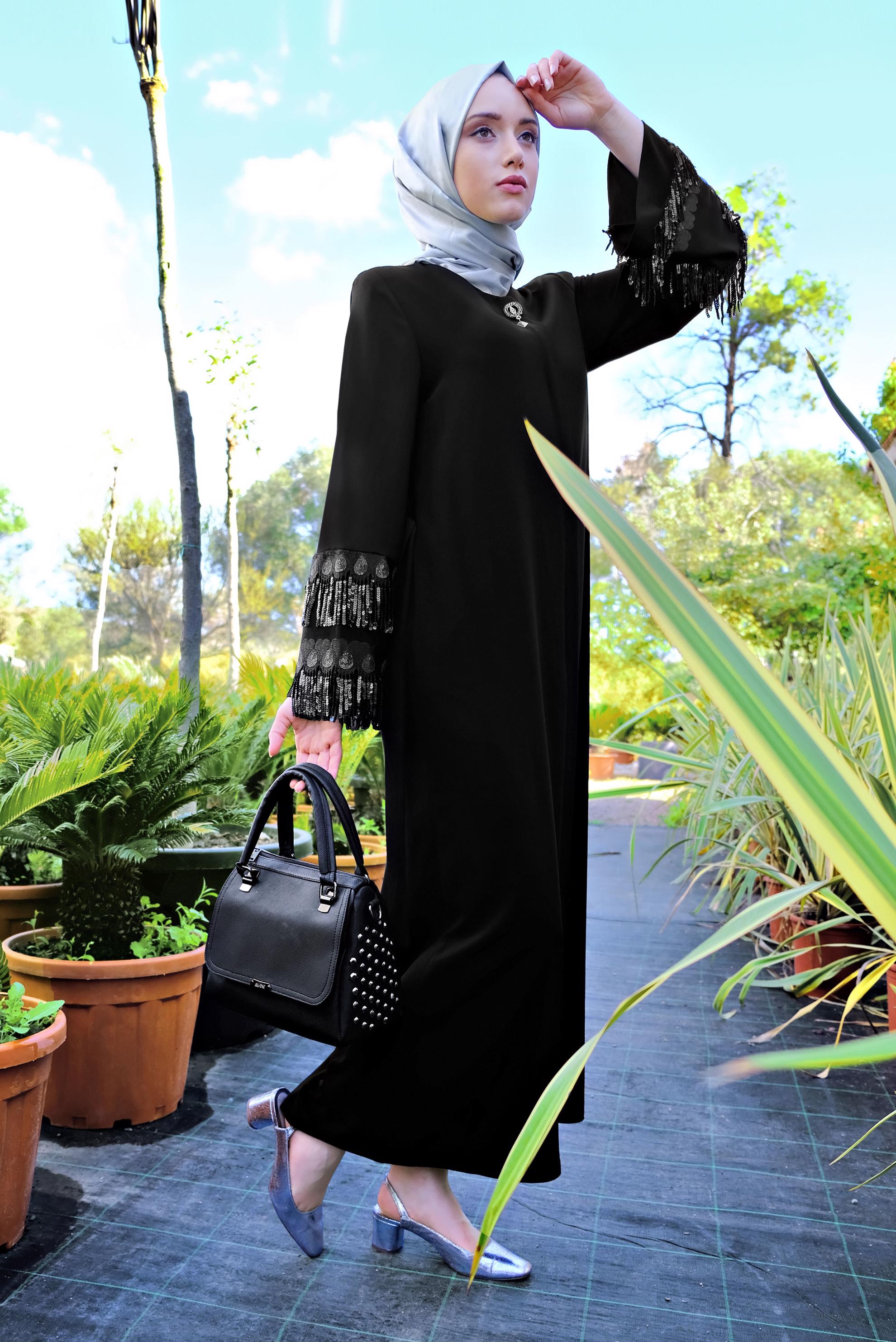 Hijab clothing BLACK Sequin Tasseled Abaya 8333 