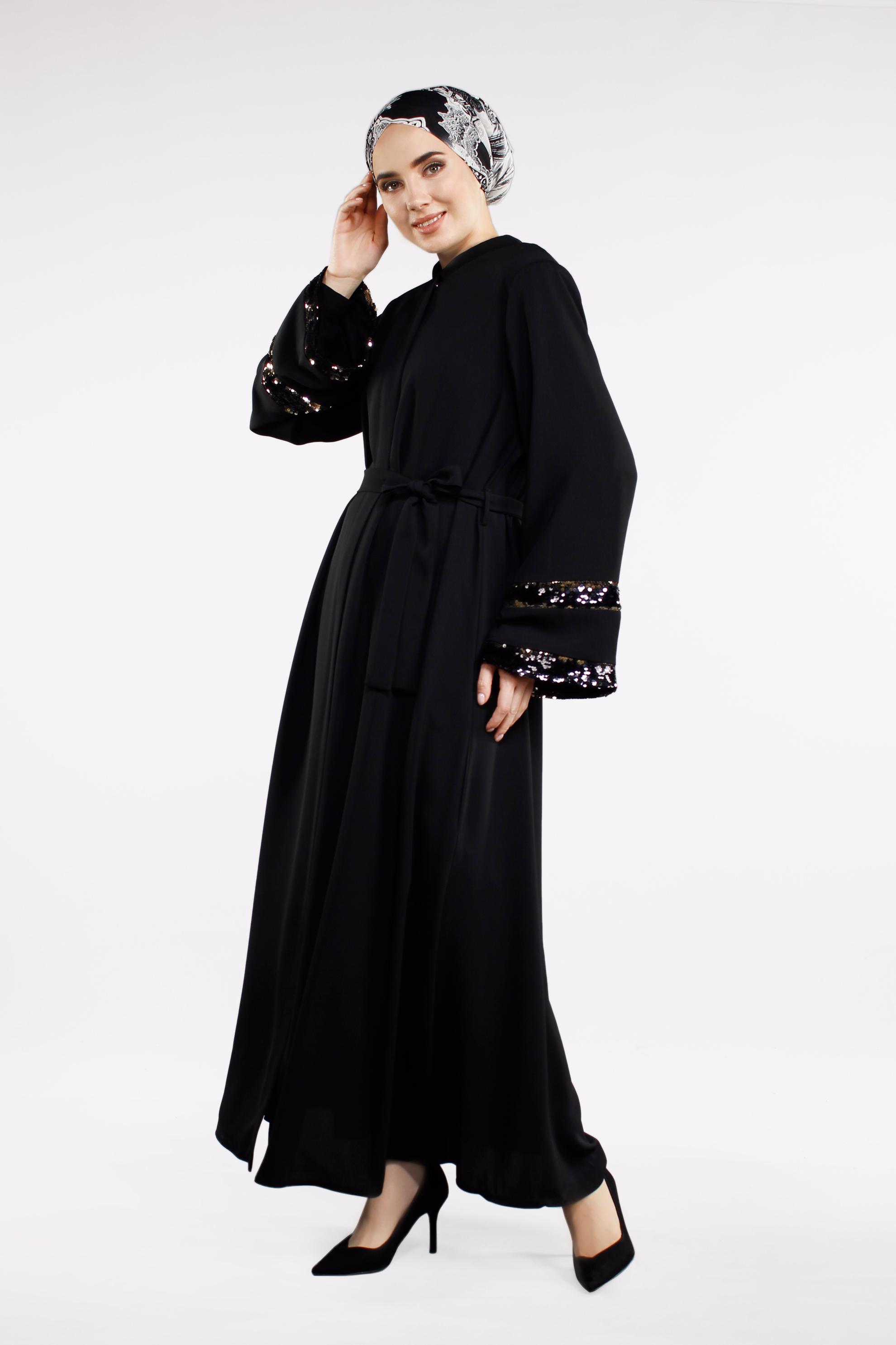 Tesettür giyim SİYAH KOLU PAYETLİ GENİŞ KOL FERACE  8334 