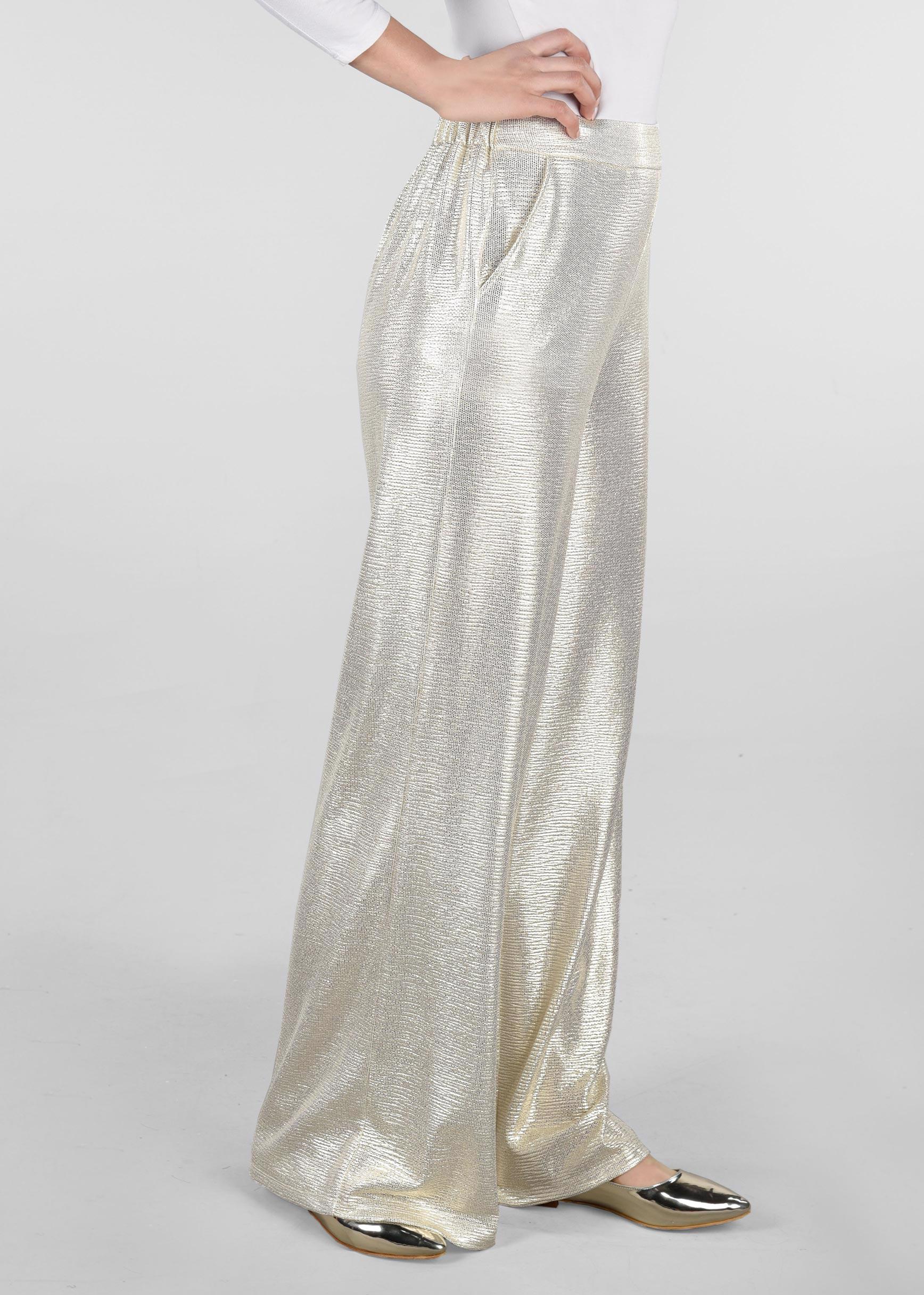 Tesettür giyim BEYAZ BELİ LASTİKLİ PARLAK KUMAŞ BOL PAÇA PANTOLON 7334