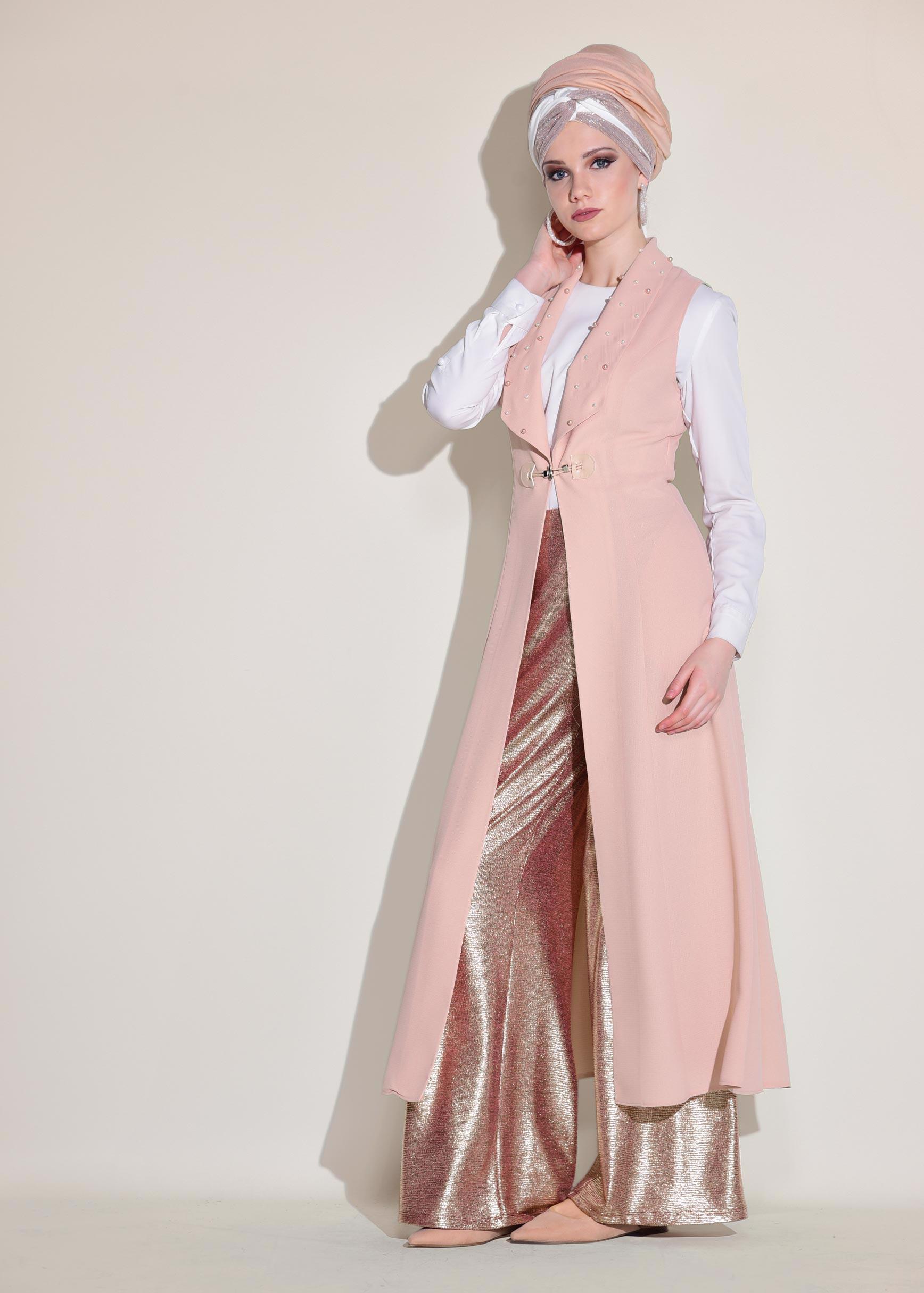 Tesettür giyim BORDO BELİ LASTİKLİ PARLAK KUMAŞ BOL PAÇA PANTOLON 7334