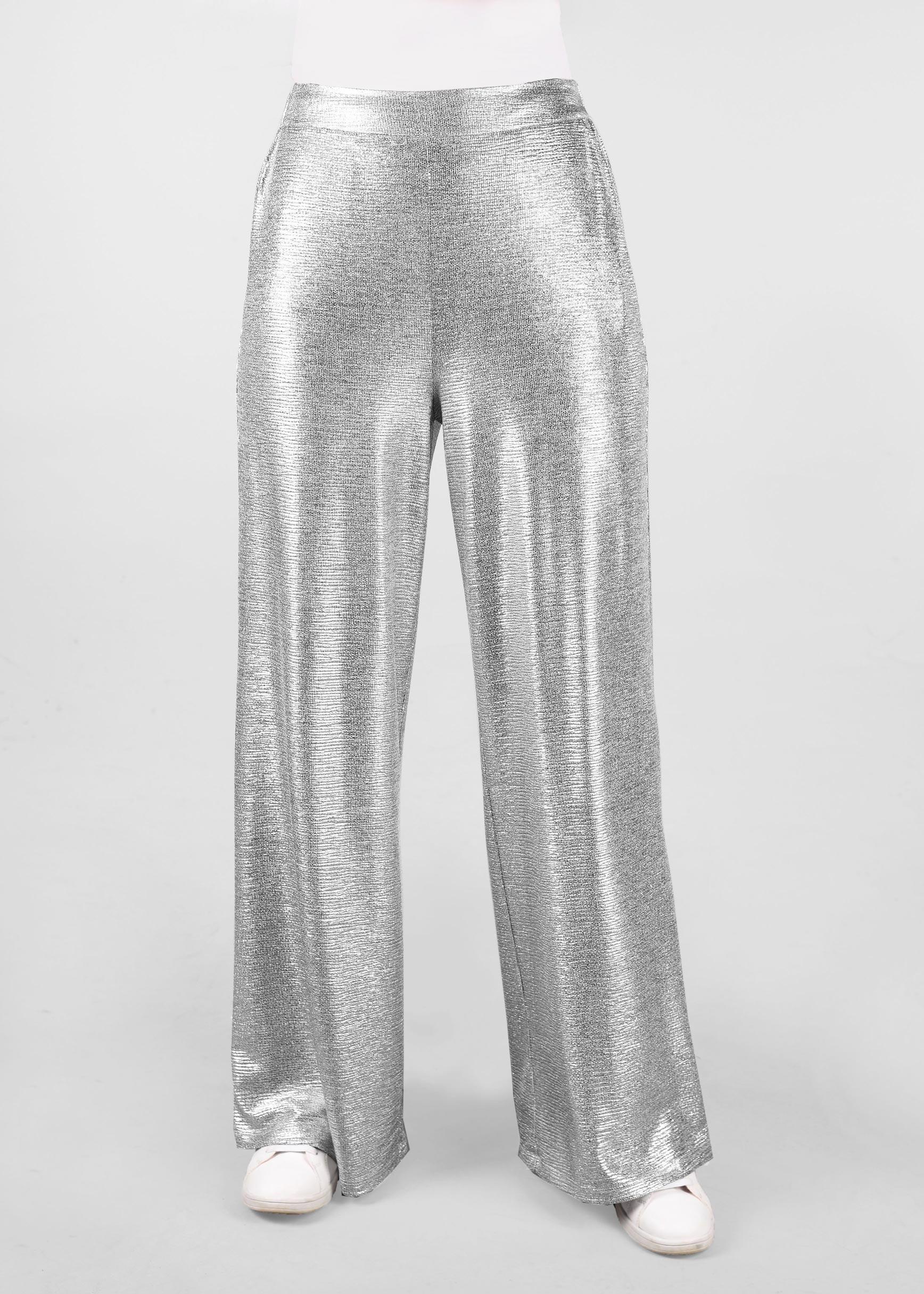 Tesettür giyim GÜMÜŞ BELİ LASTİKLİ PARLAK KUMAŞ BOL PAÇA PANTOLON 7334