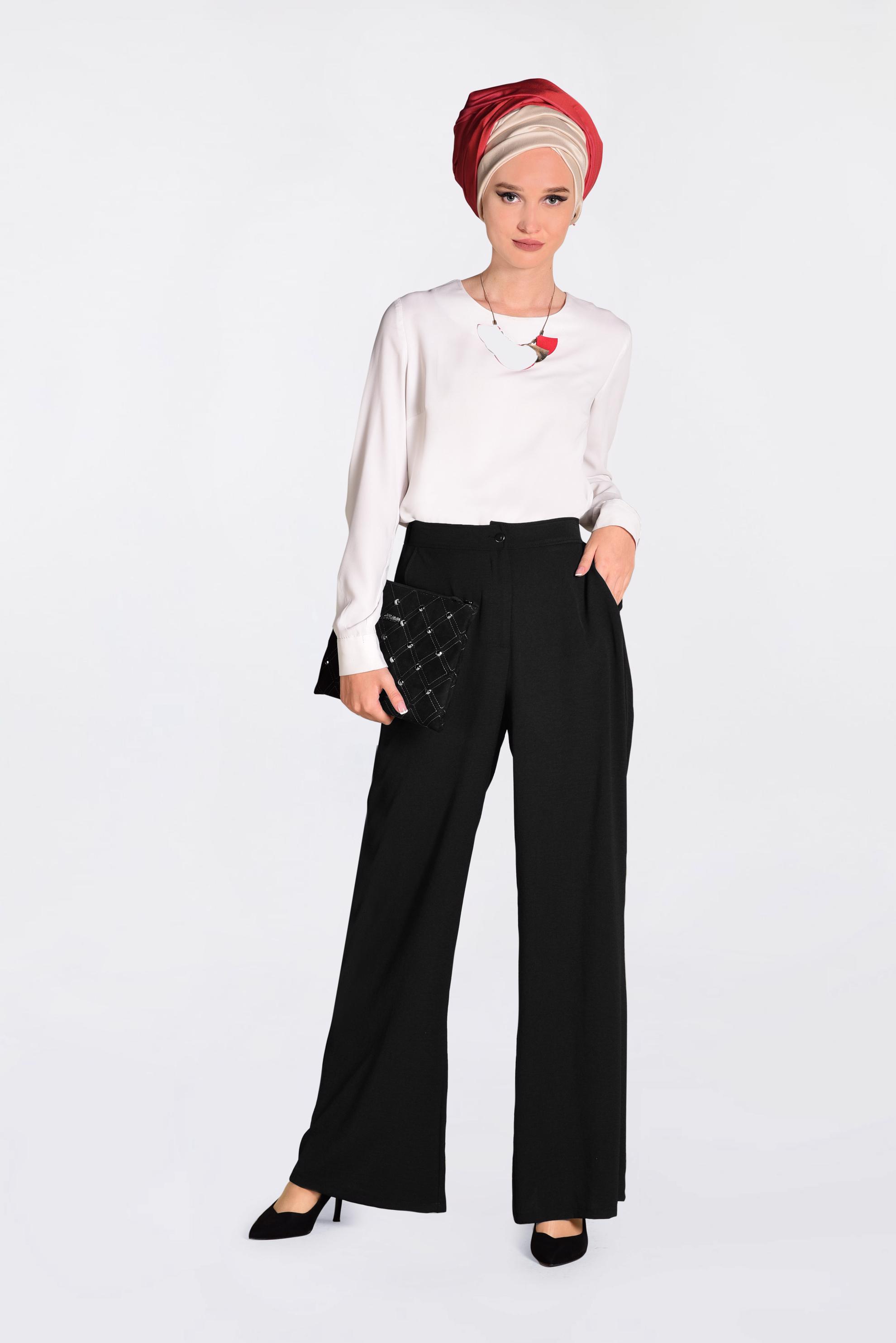 Tesettür giyim SİYAH YÜKSEK BEL CEPLİ BOL PANTOLON 7340