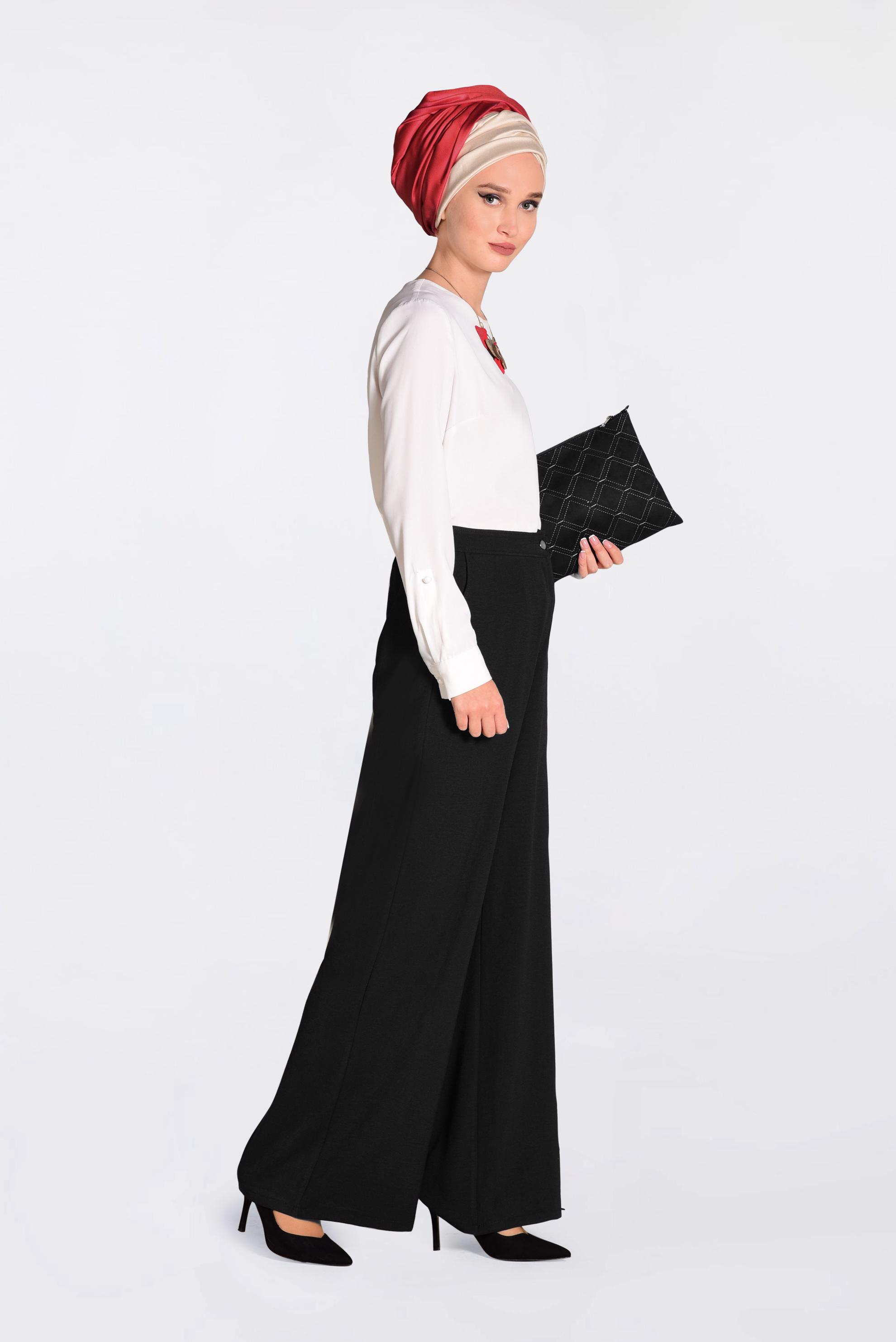 Tesettür giyim SİYAH YÜKSEK BEL CEPLİ BOL PANTOLON 7340