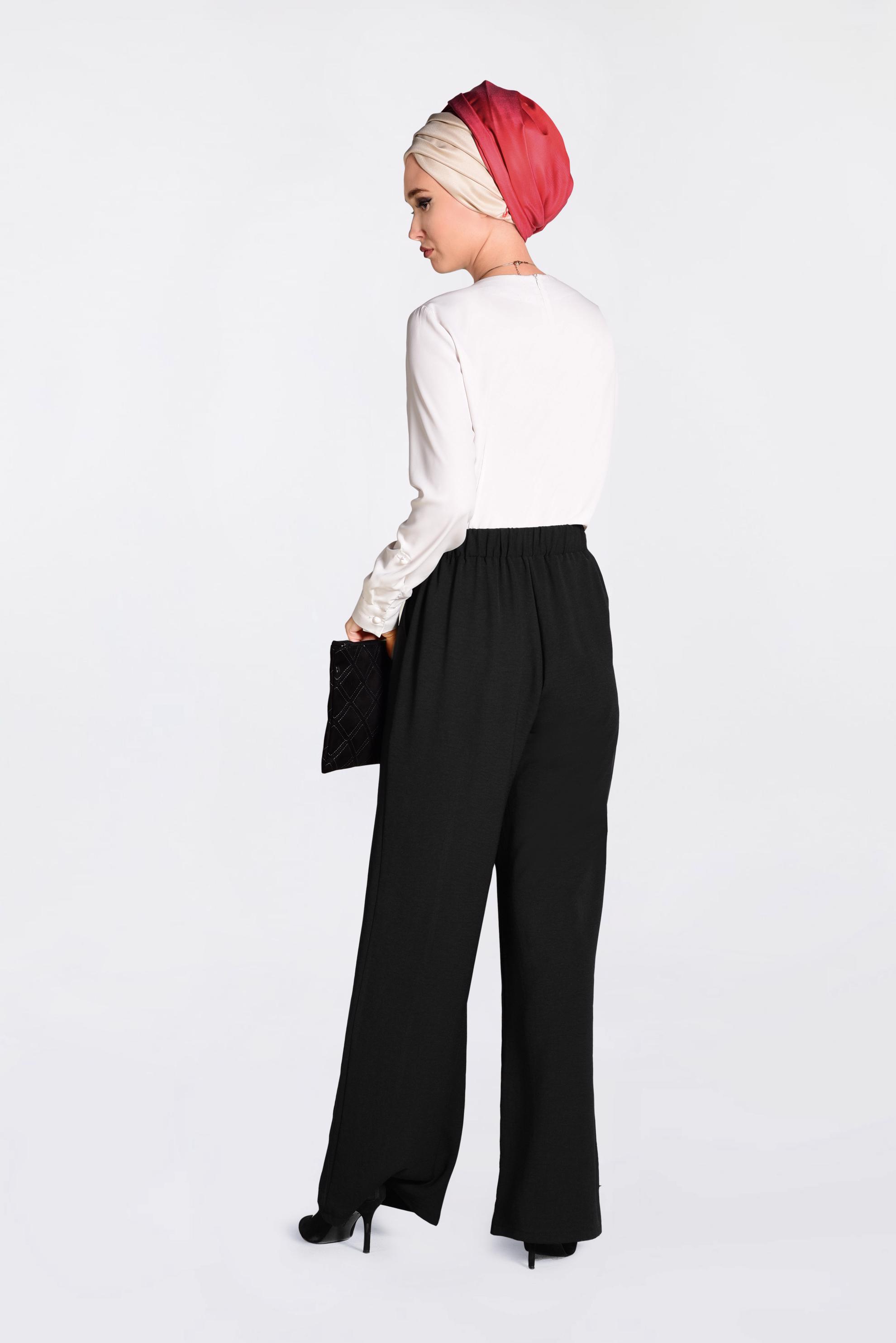 Tesettür giyim SİYAH YÜKSEK BEL CEPLİ BOL PANTOLON 7340