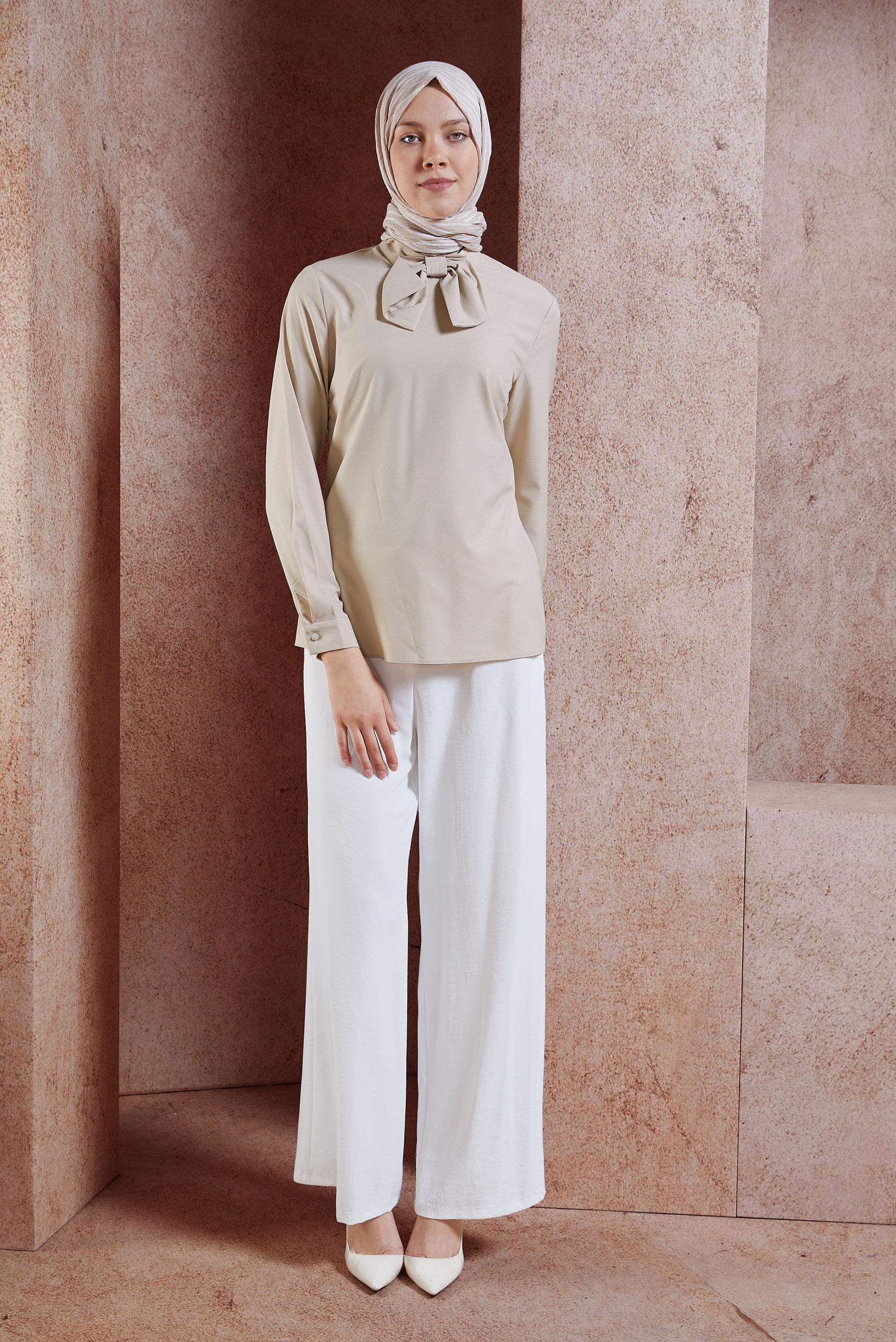 Tesettür giyim BEYAZ YÜKSEK BEL CEPLİ BOL PANTOLON 7340