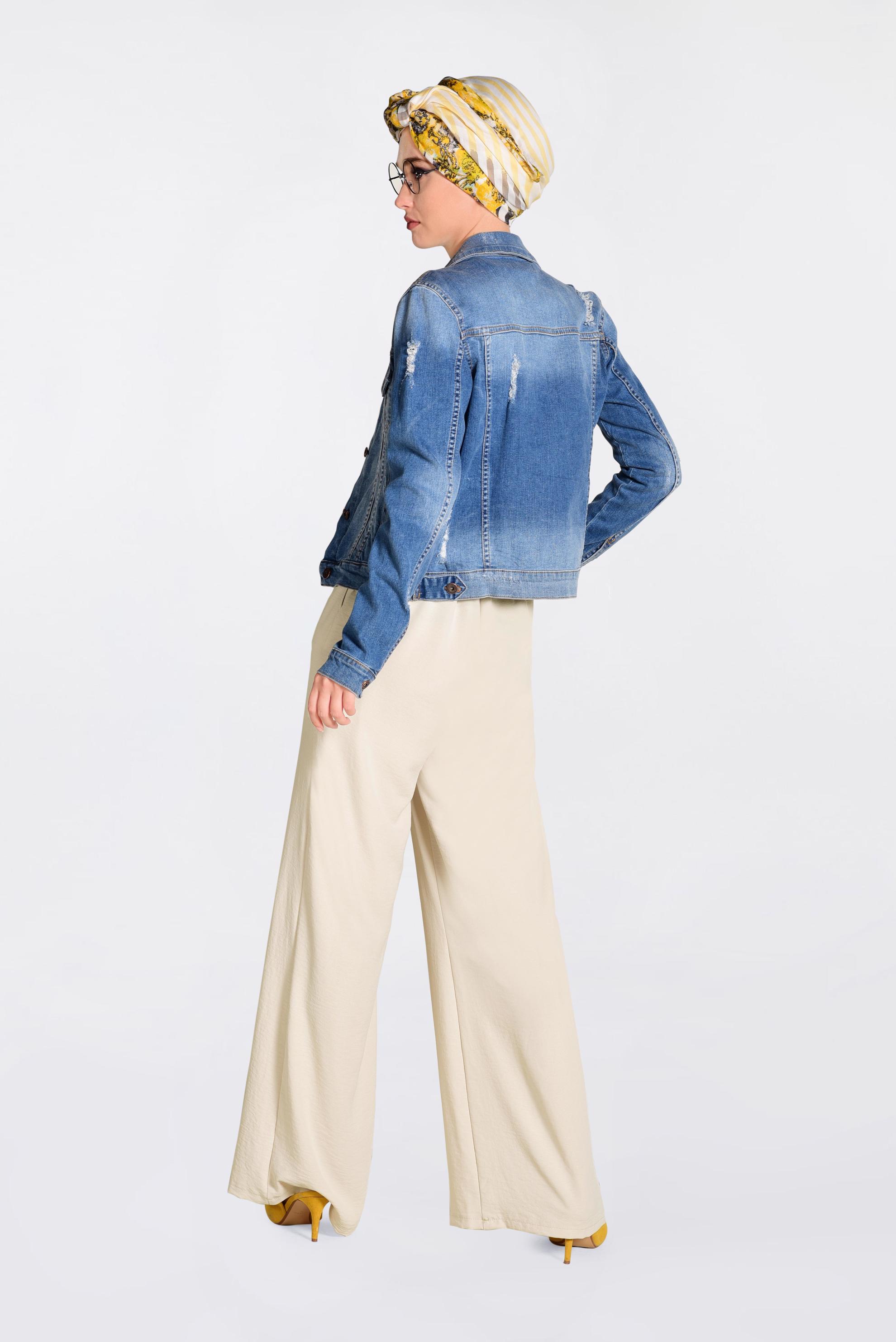 Tesettür giyim BEJ YÜKSEK BEL CEPLİ BOL PANTOLON 7340