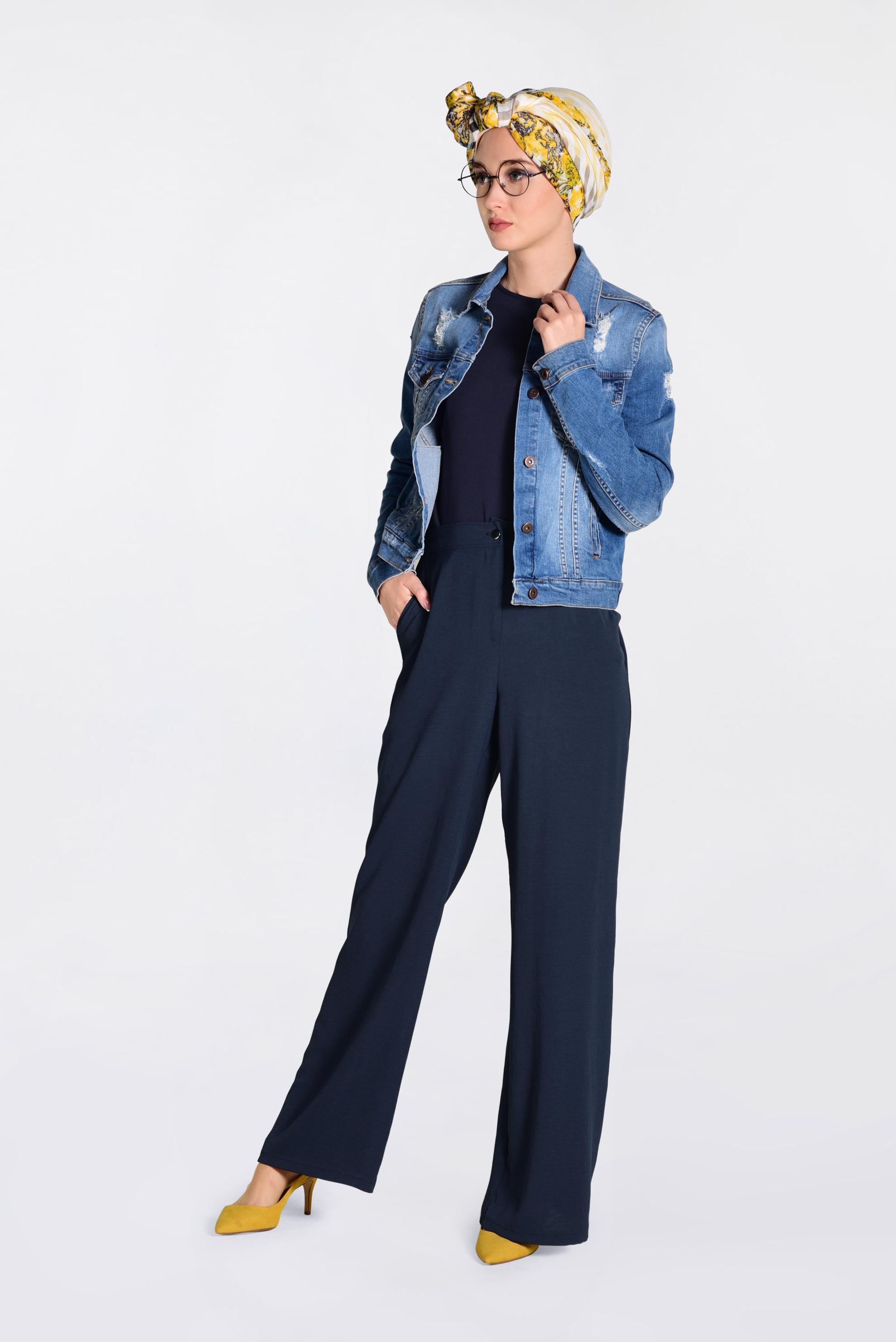 Tesettür giyim LACİVERT YÜKSEK BEL CEPLİ BOL PANTOLON 7340