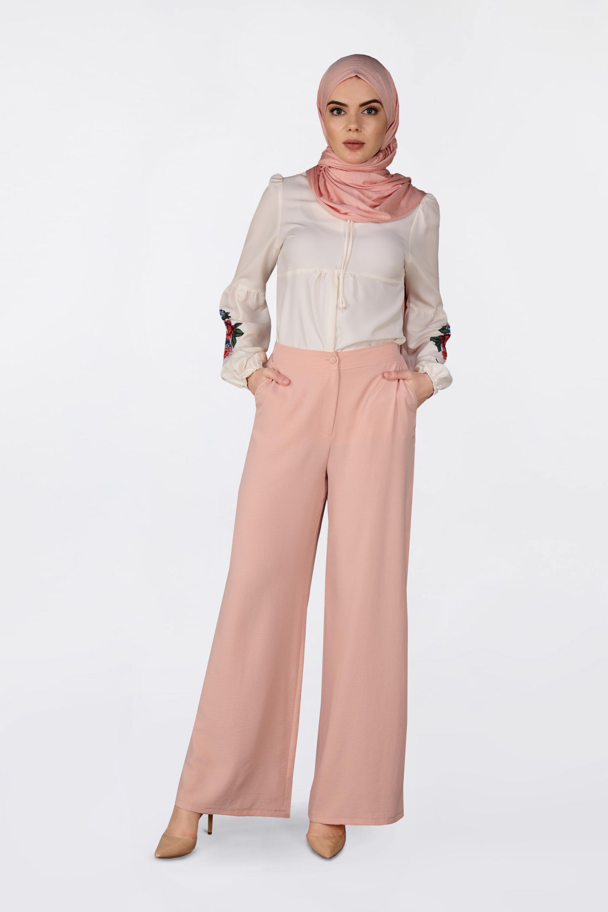 Tesettür giyim PUDRA YÜKSEK BEL CEPLİ BOL PANTOLON 7340