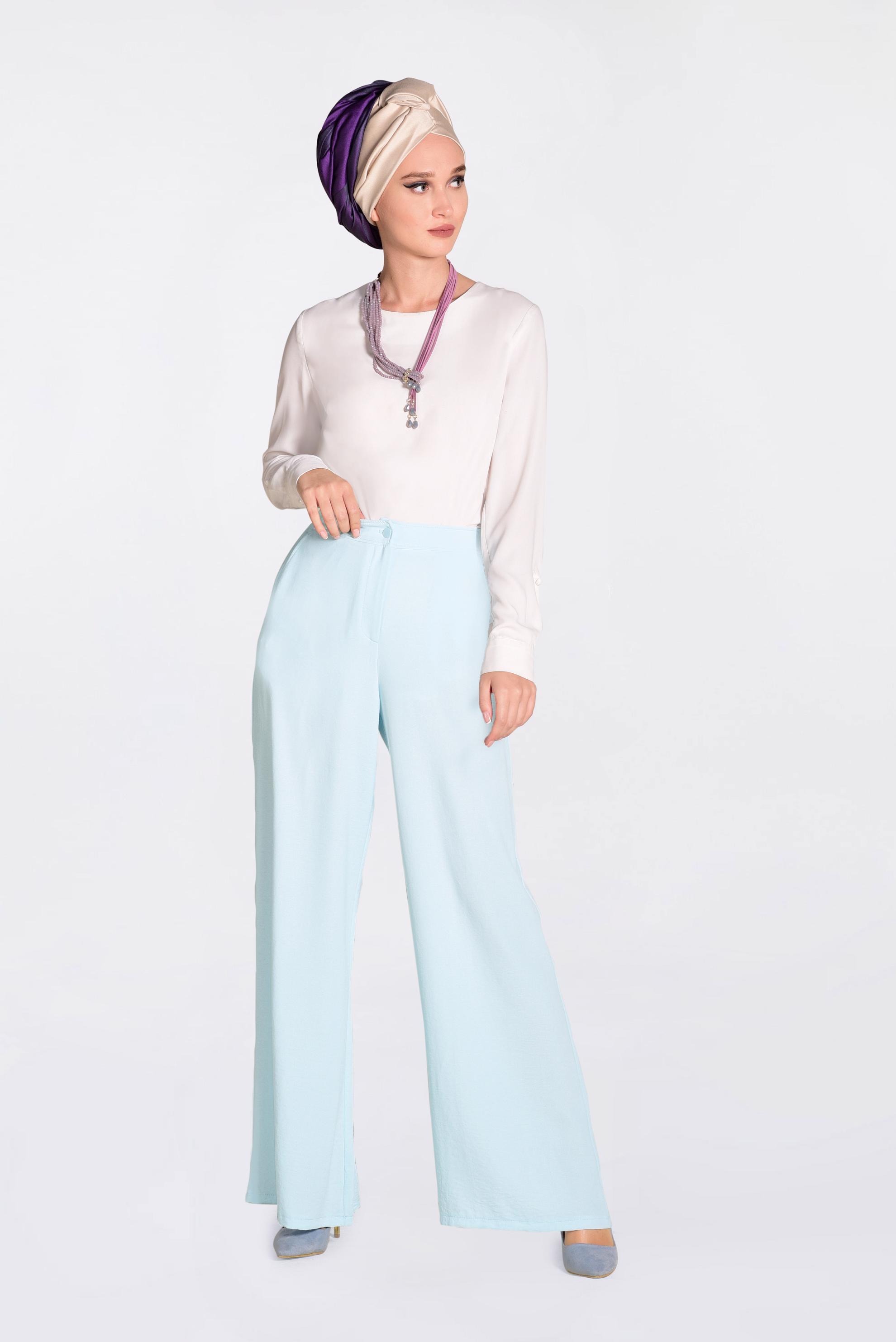 Tesettür giyim MAVİ YÜKSEK BEL CEPLİ BOL PANTOLON 7340