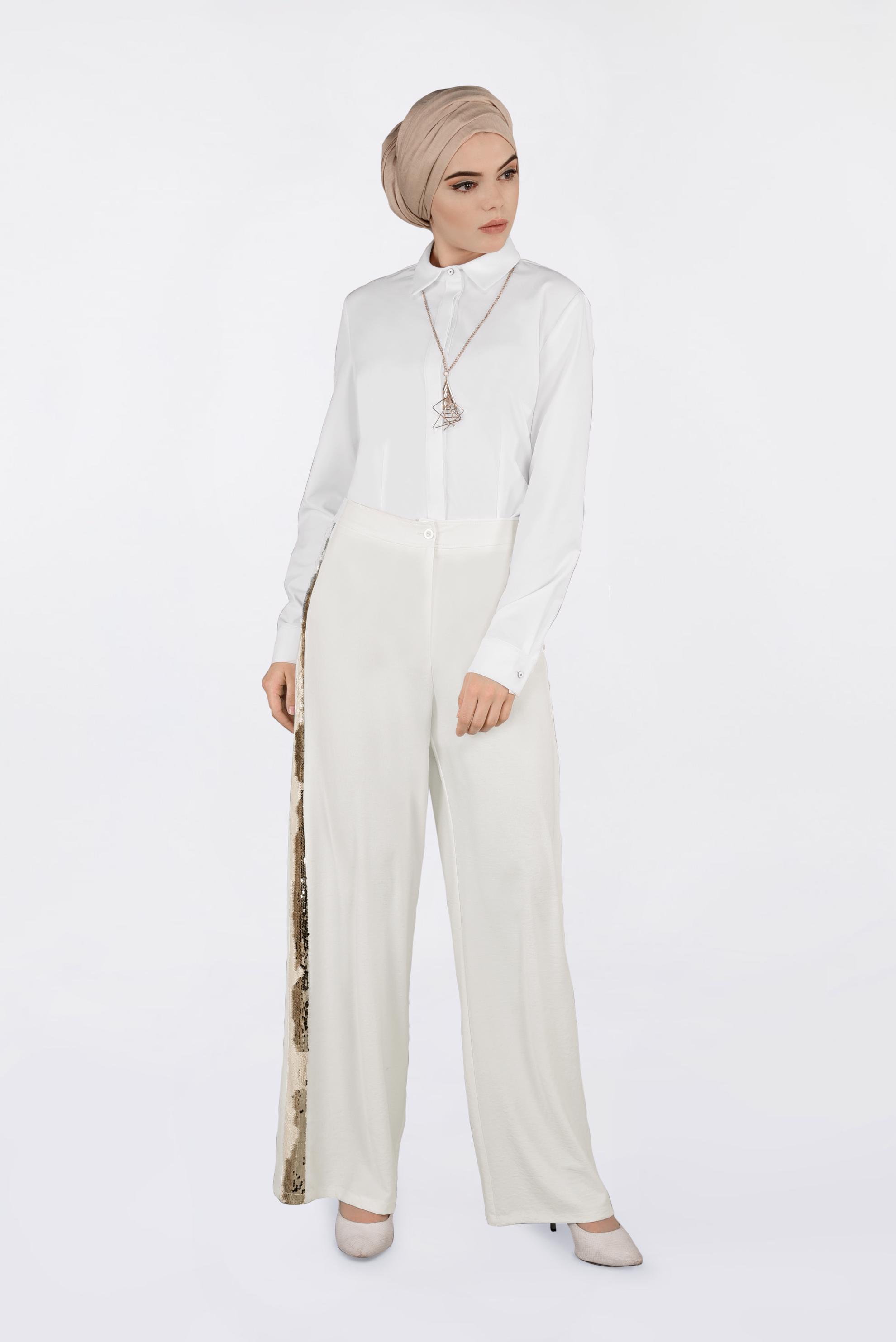 Tesettür giyim BEYAZ YANLARI PAYET ŞERİTLİ PANTOLON 7342