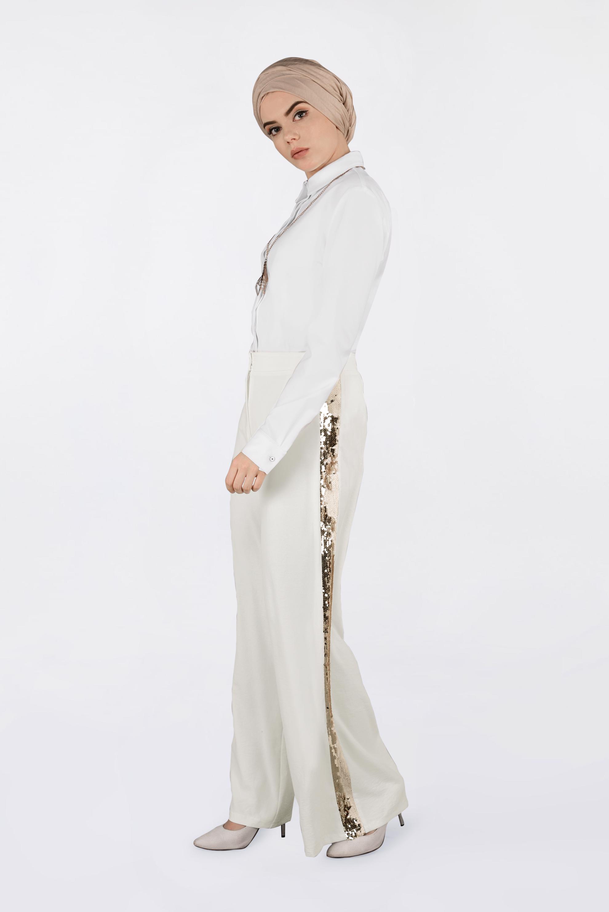 Tesettür giyim BEYAZ YANLARI PAYET ŞERİTLİ PANTOLON 7342