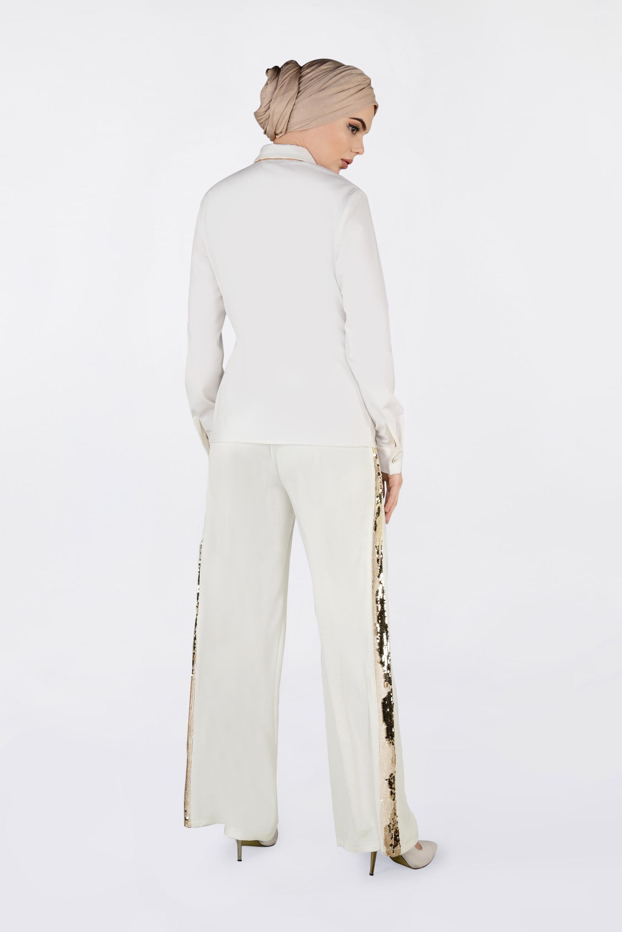 Tesettür giyim BEYAZ YANLARI PAYET ŞERİTLİ PANTOLON 7342