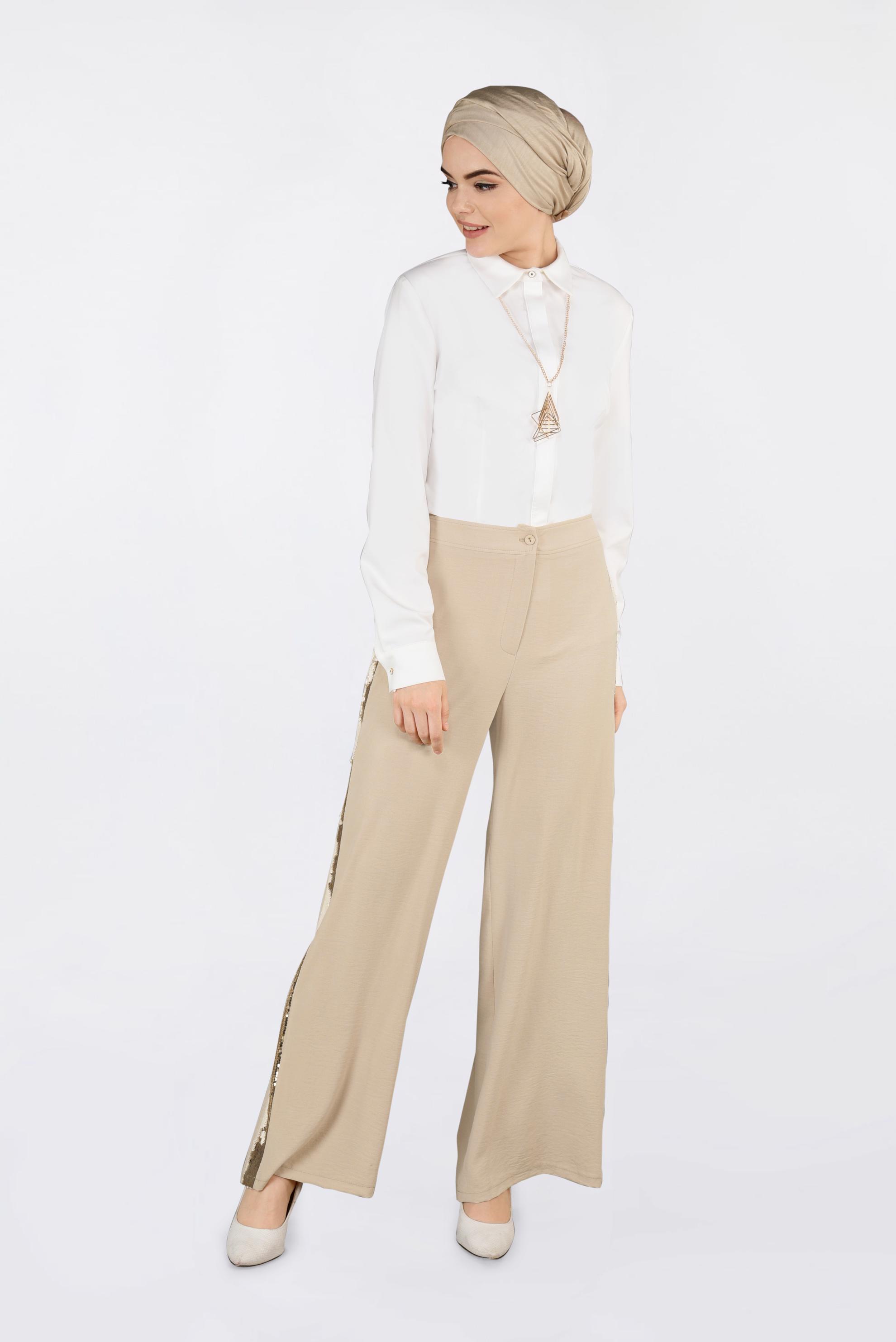 Tesettür giyim KAHVE YANLARI PAYET ŞERİTLİ PANTOLON 7342