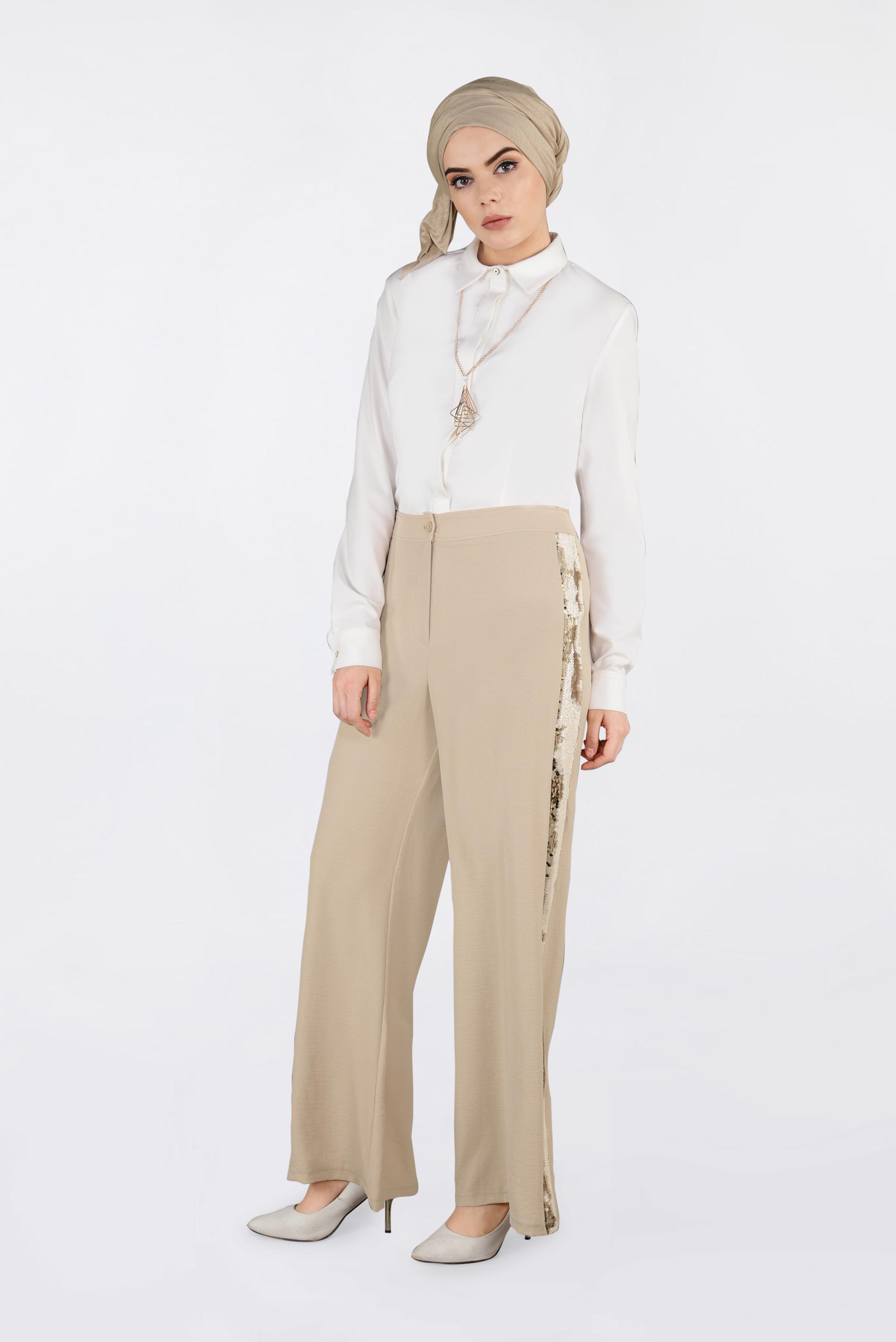 Tesettür giyim KAHVE YANLARI PAYET ŞERİTLİ PANTOLON 7342