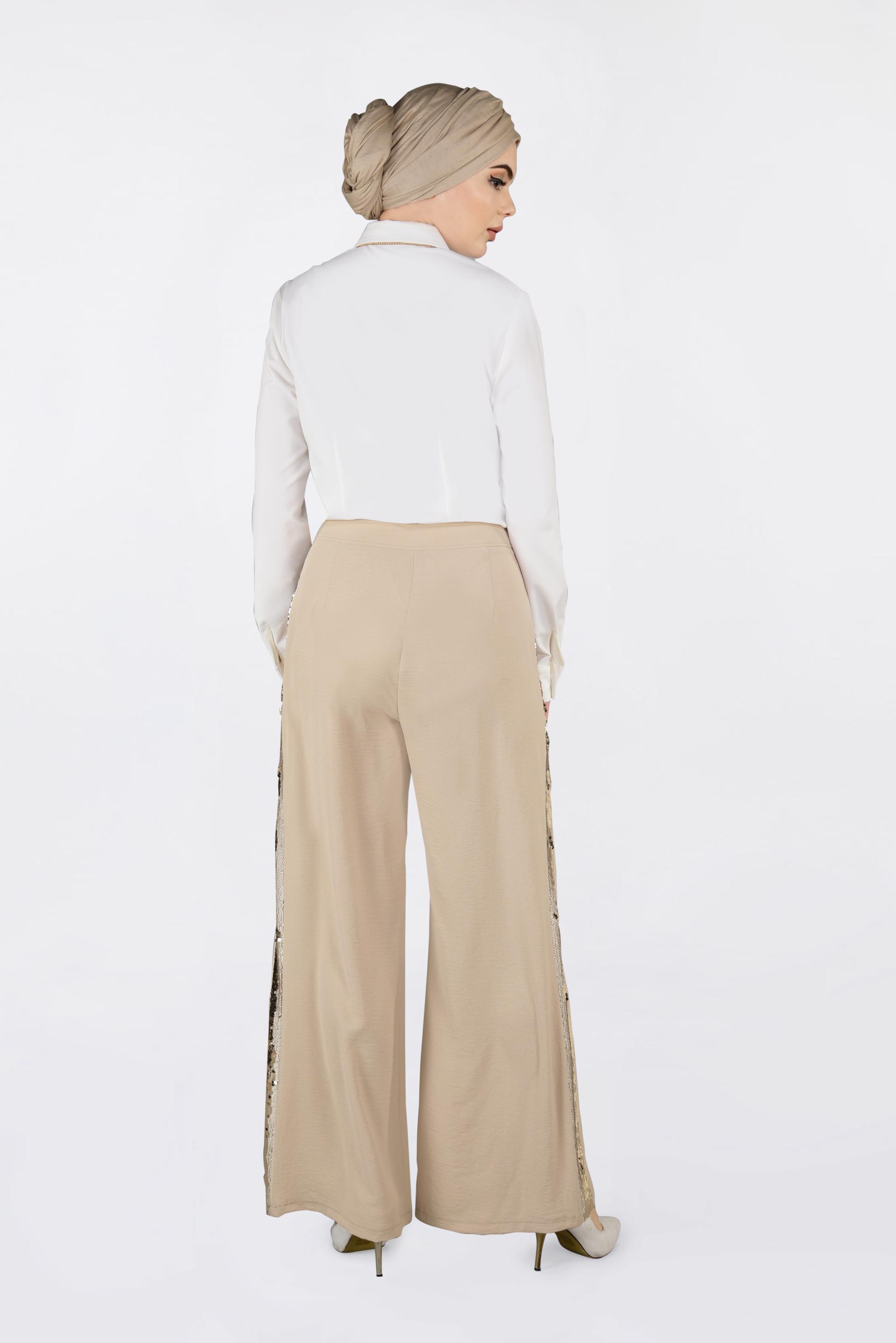 Tesettür giyim KAHVE YANLARI PAYET ŞERİTLİ PANTOLON 7342