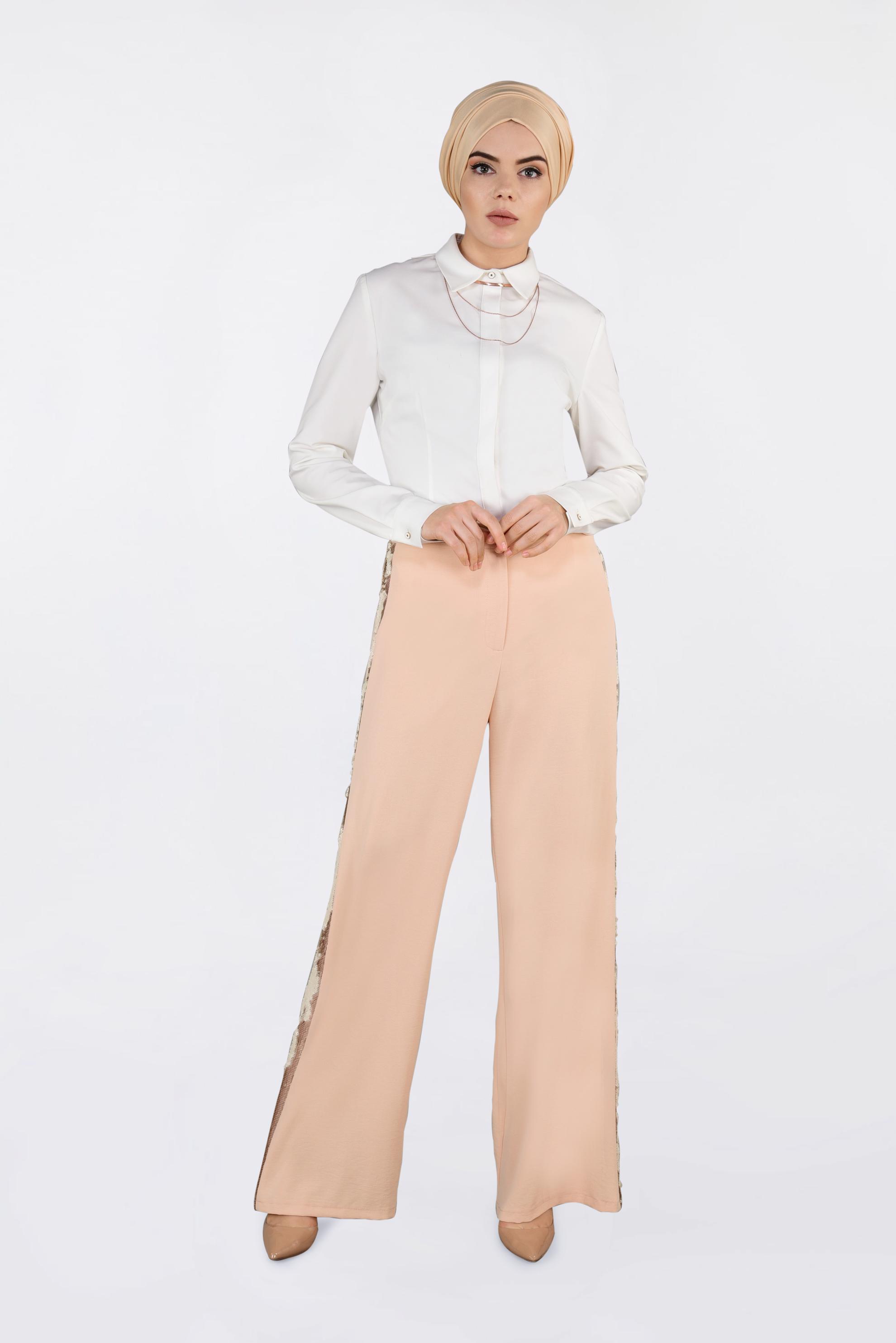 Tesettür giyim PUDRA YANLARI PAYET ŞERİTLİ PANTOLON 7342