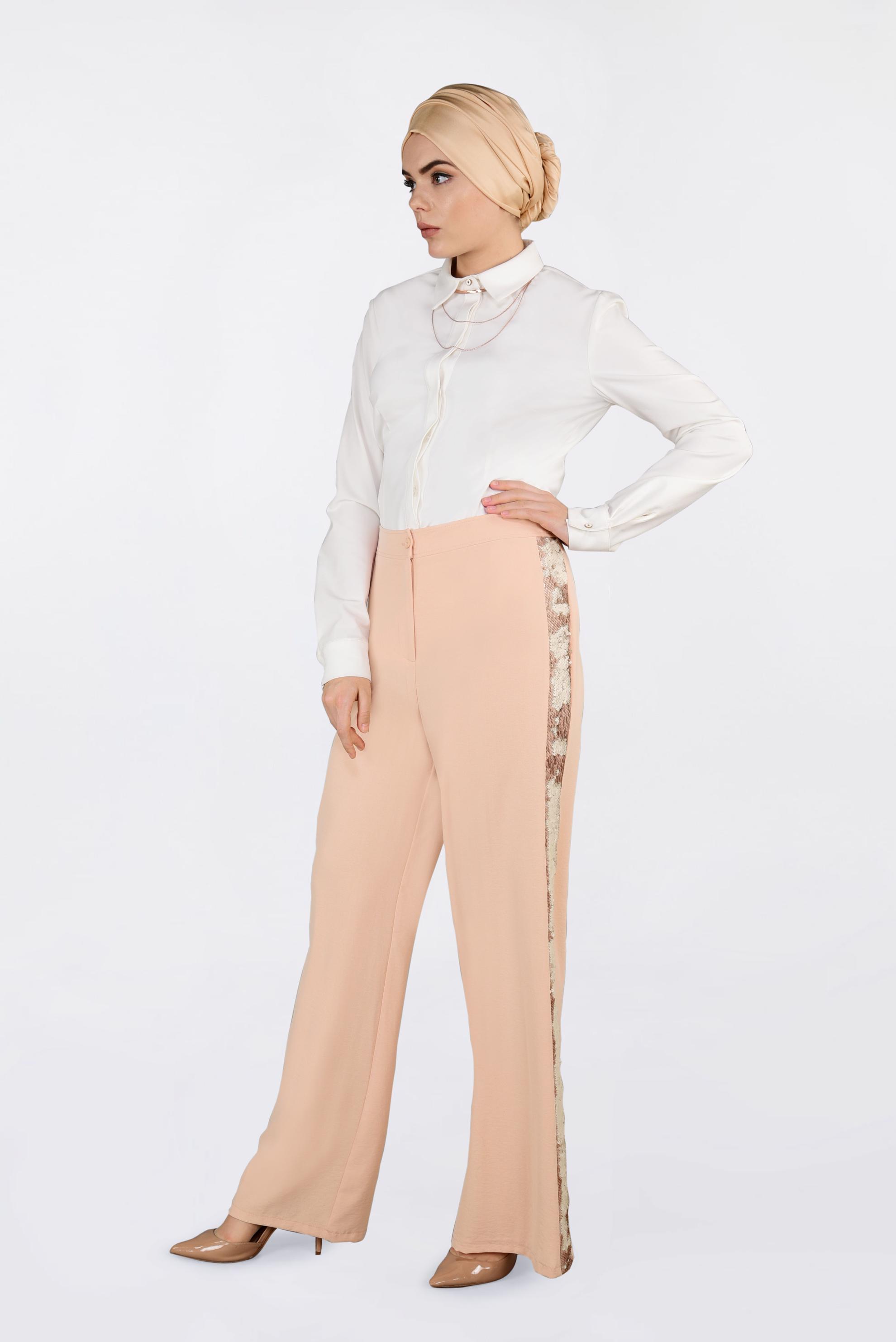 Tesettür giyim PUDRA YANLARI PAYET ŞERİTLİ PANTOLON 7342