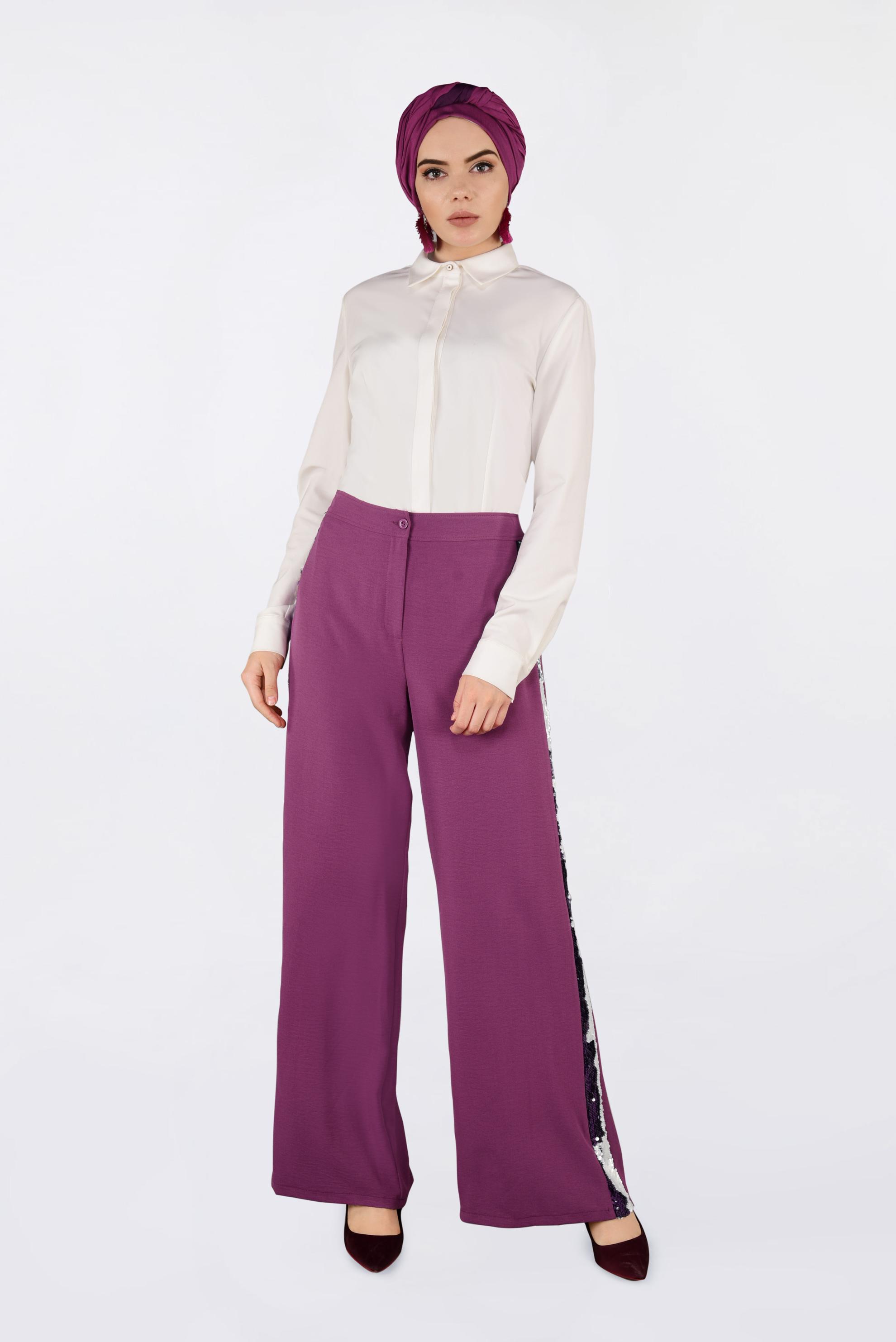 Tesettür giyim MOR YANLARI PAYET ŞERİTLİ PANTOLON 7342