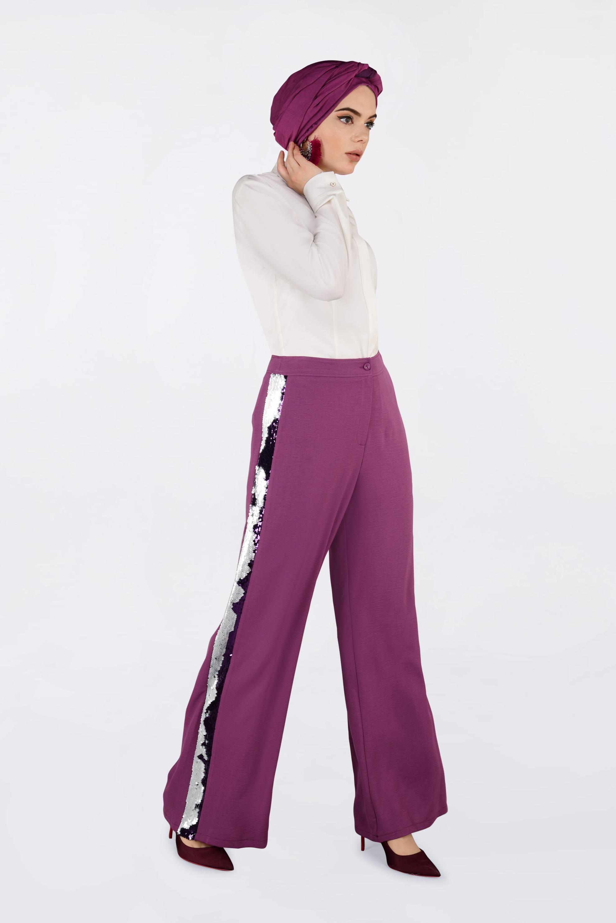 Tesettür giyim MOR YANLARI PAYET ŞERİTLİ PANTOLON 7342