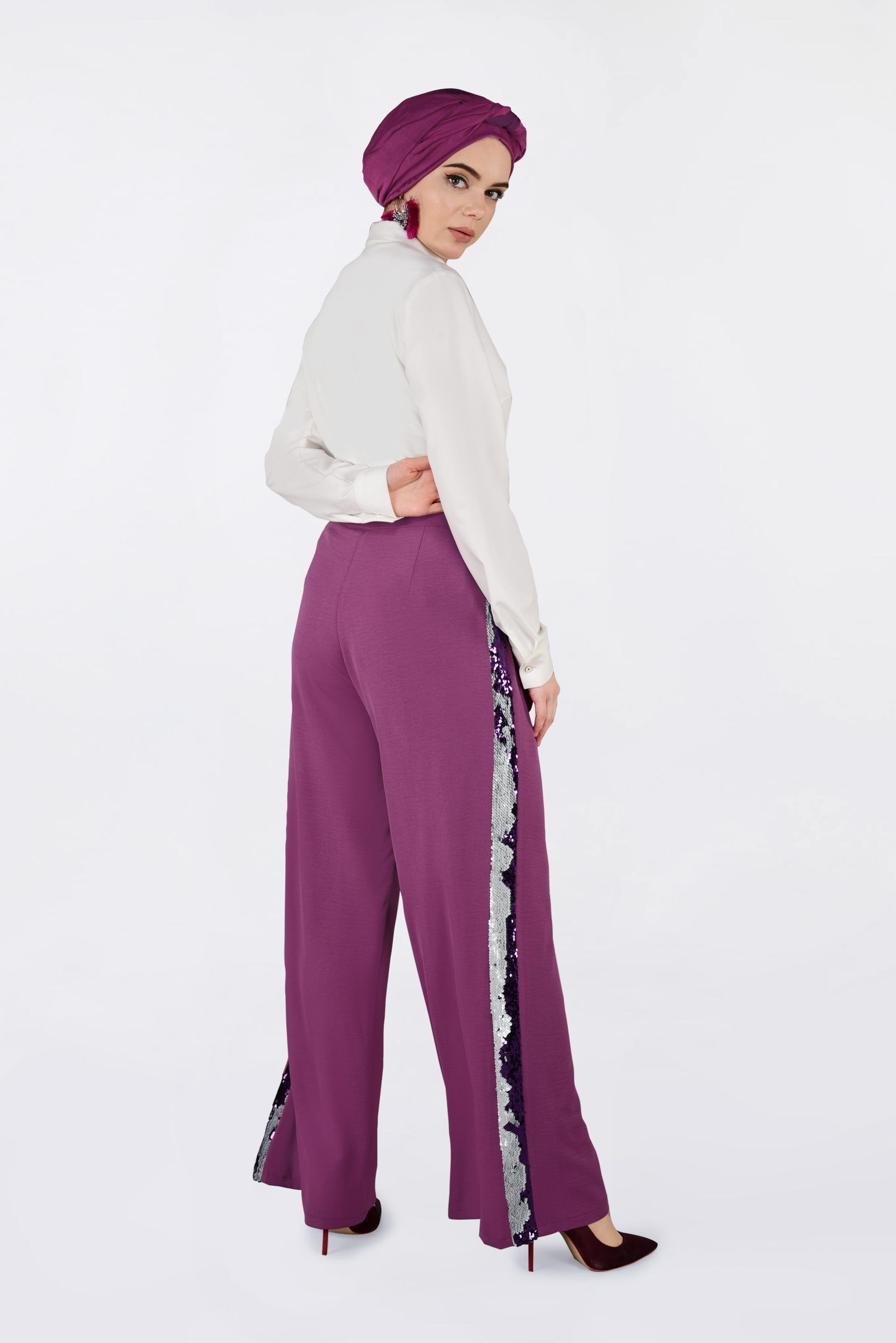Tesettür giyim MOR YANLARI PAYET ŞERİTLİ PANTOLON 7342