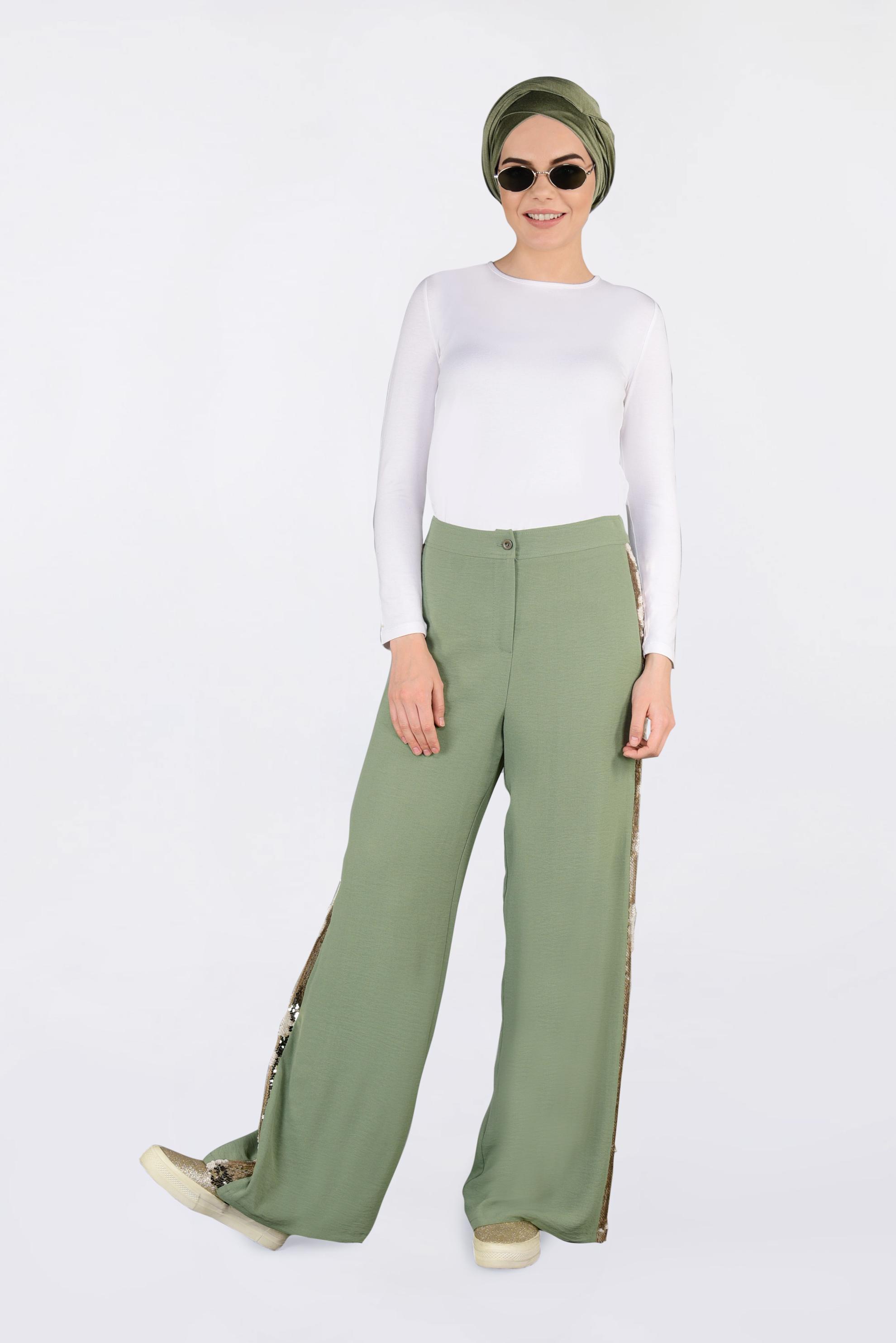 Tesettür giyim YEŞİL YANLARI PAYET ŞERİTLİ PANTOLON 7342