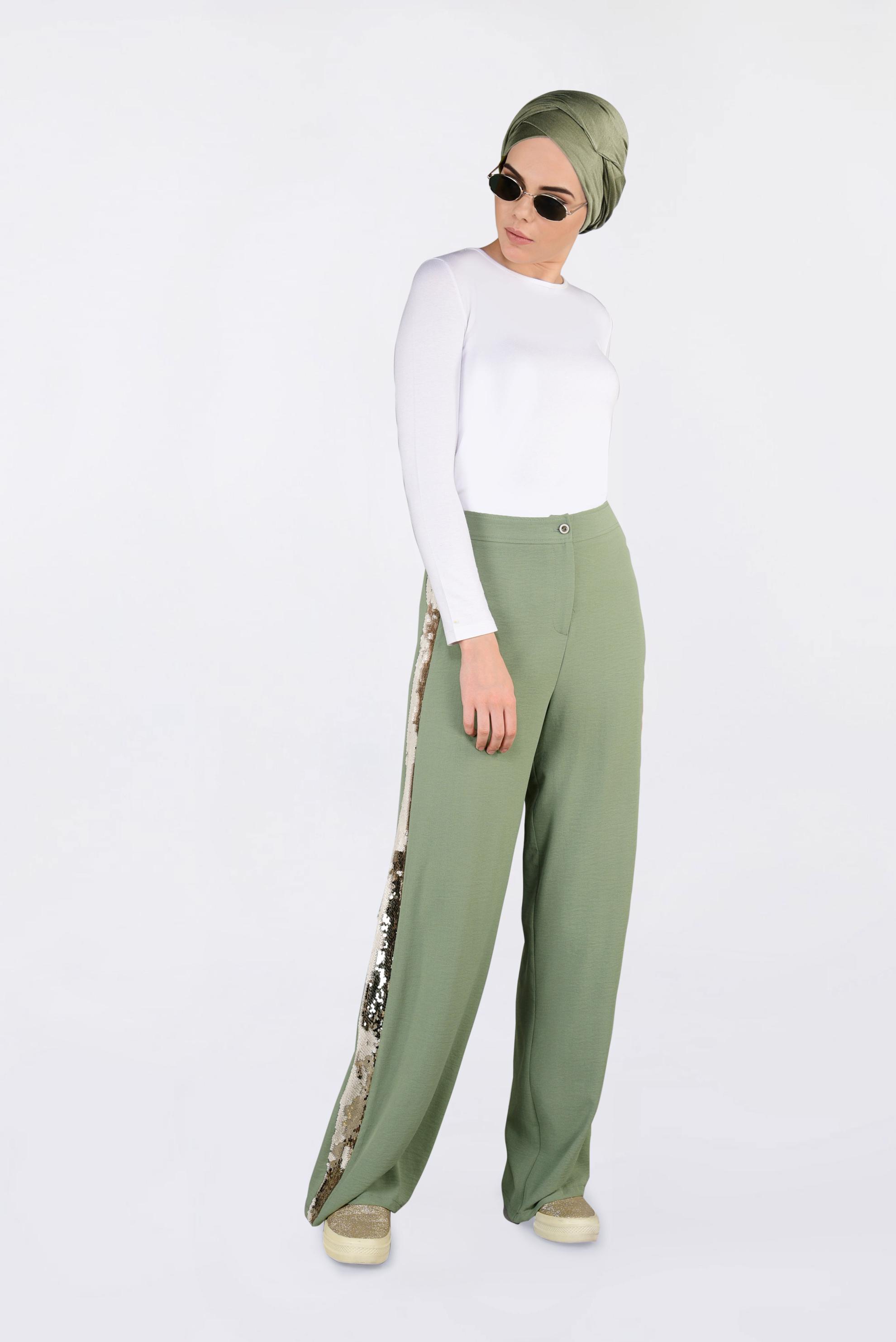 Tesettür giyim YEŞİL YANLARI PAYET ŞERİTLİ PANTOLON 7342