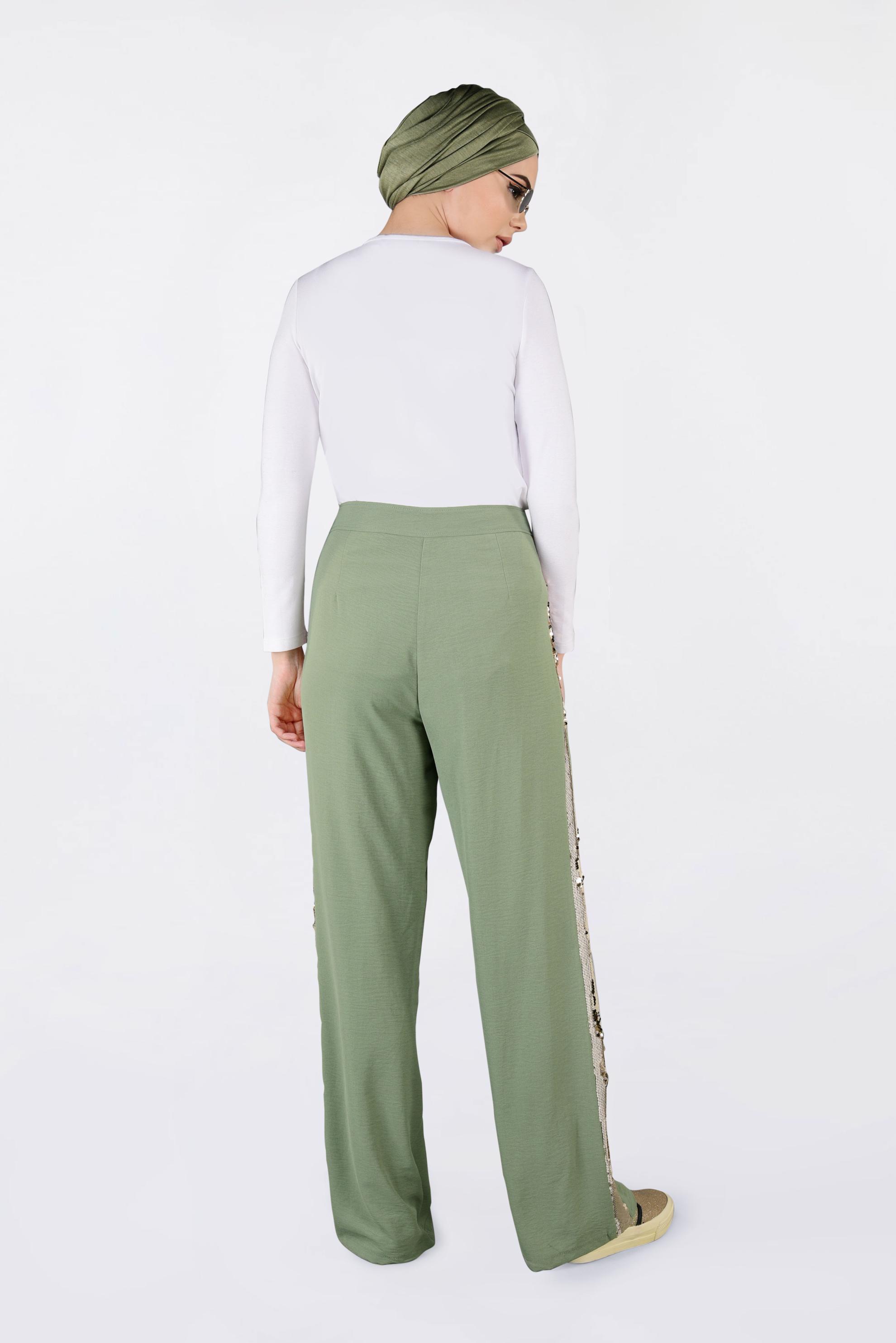 Tesettür giyim YEŞİL YANLARI PAYET ŞERİTLİ PANTOLON 7342