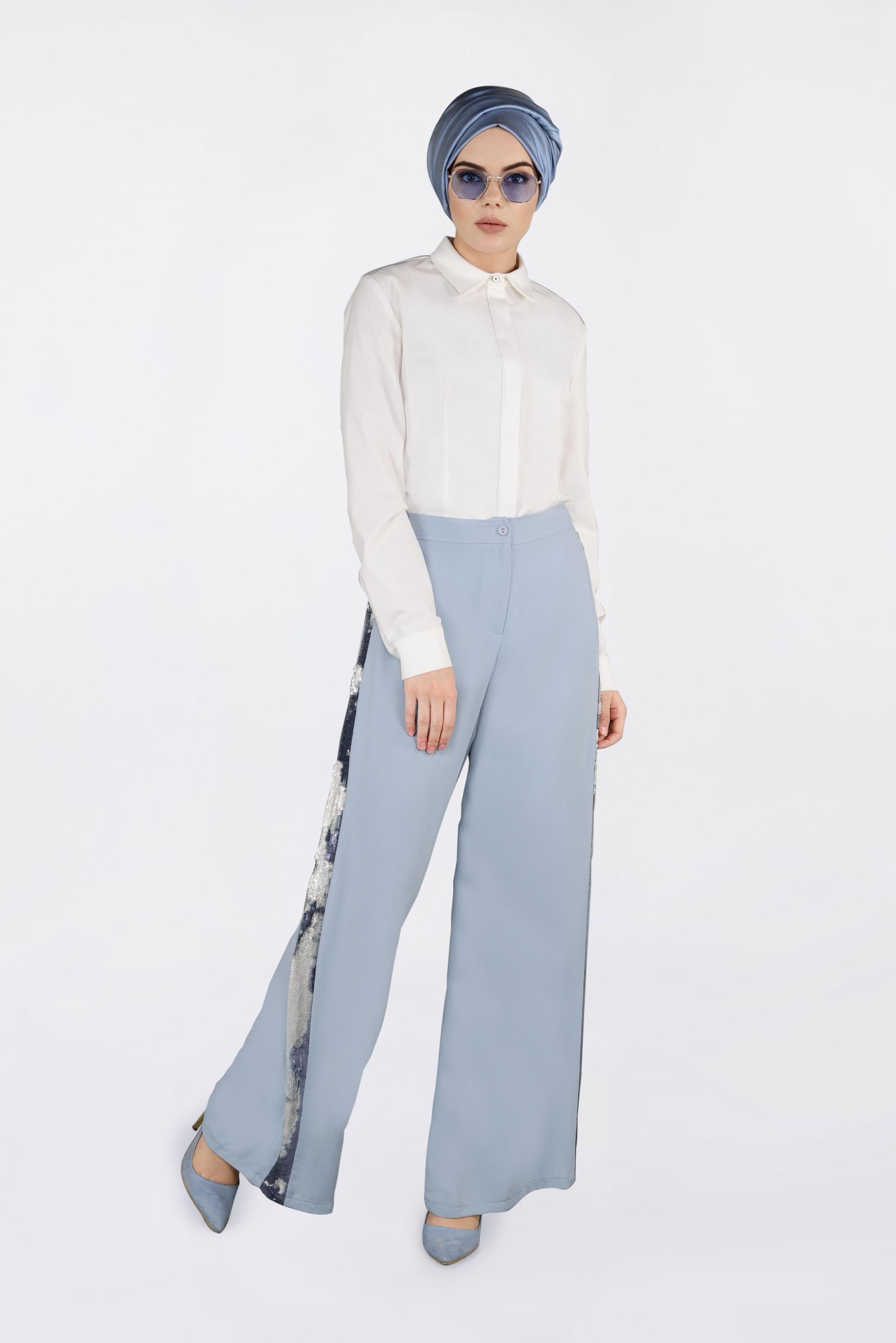 Tesettür giyim MAVİ YANLARI PAYET ŞERİTLİ PANTOLON 7342