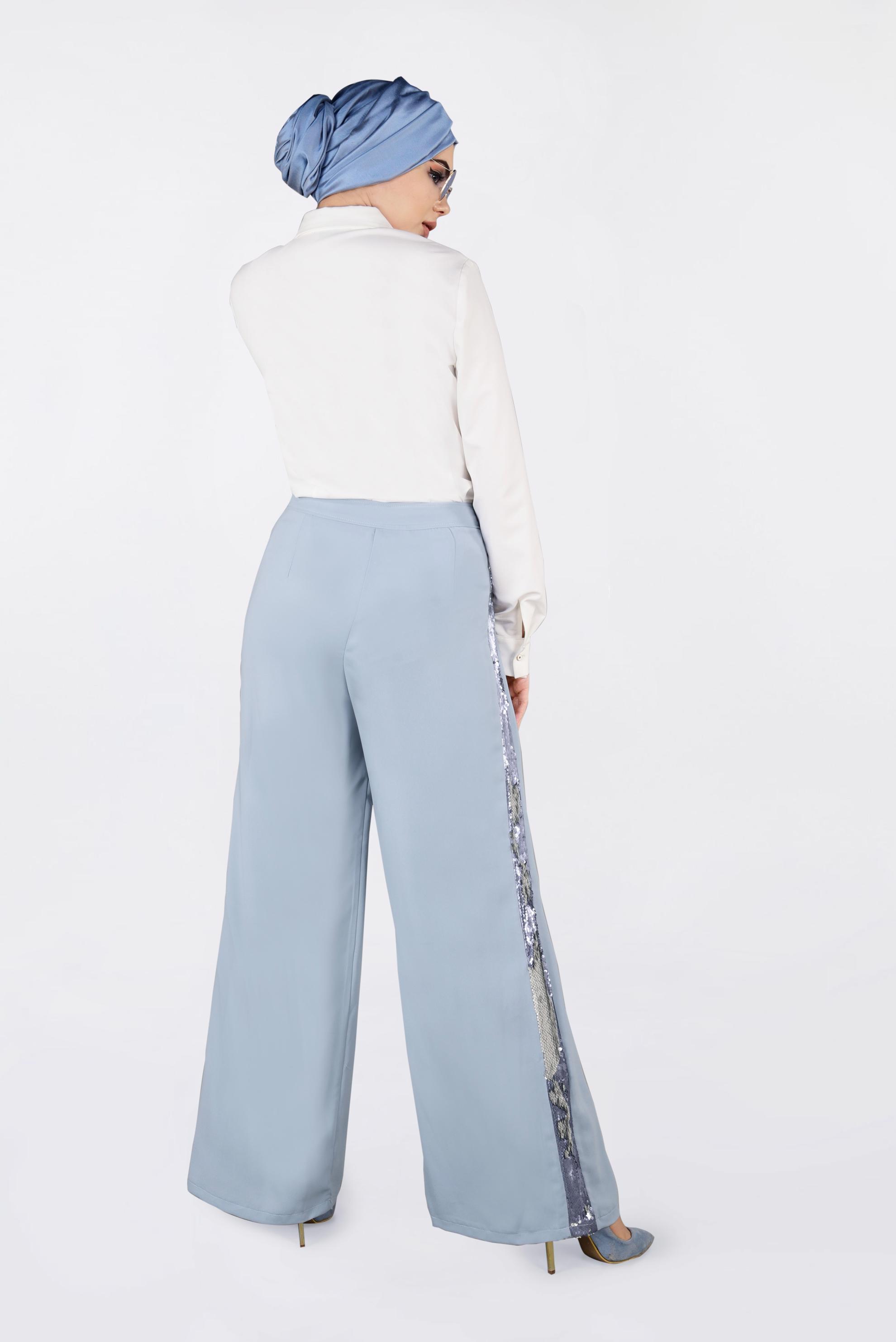 Tesettür giyim MAVİ YANLARI PAYET ŞERİTLİ PANTOLON 7342