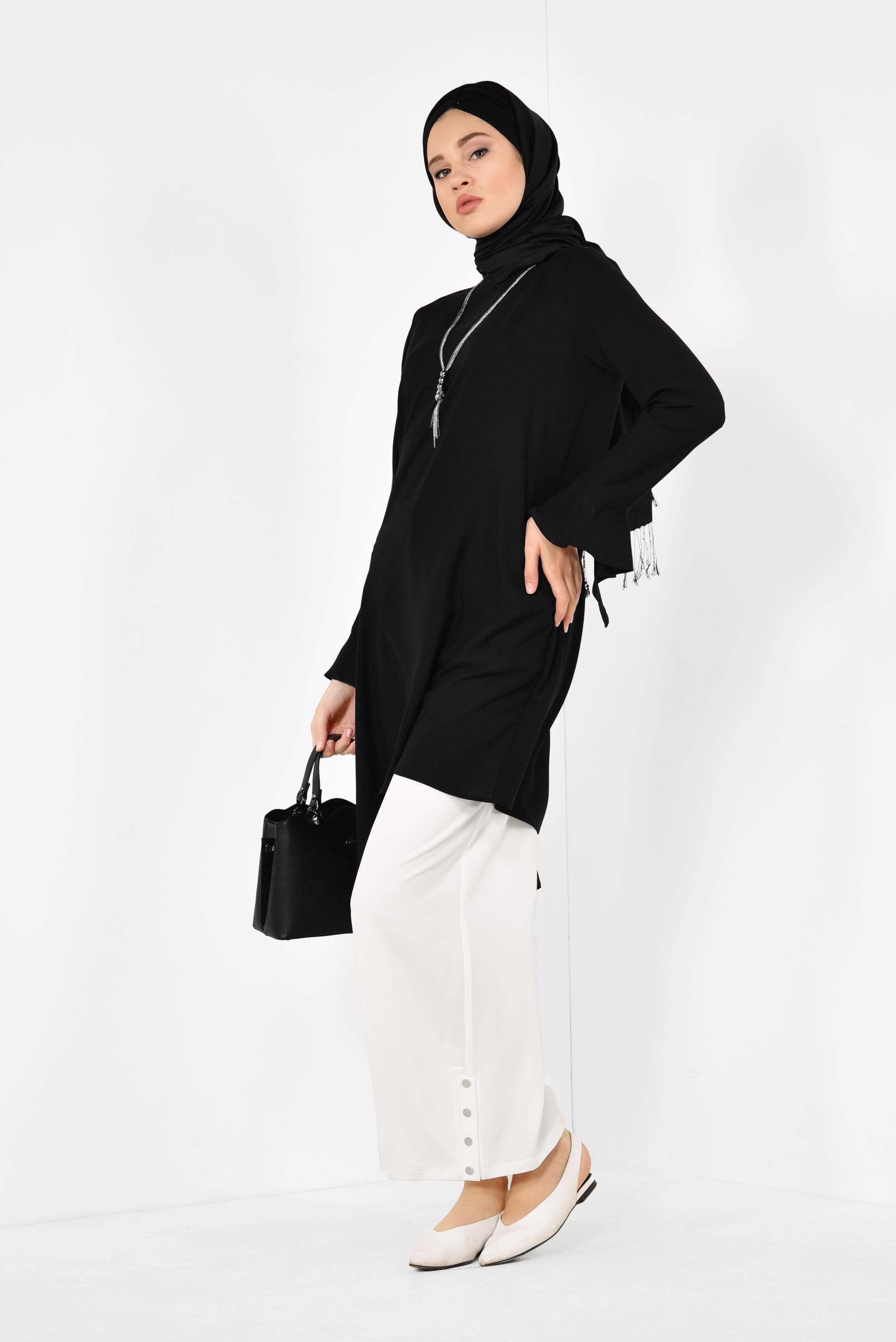 Tesettür giyim BEYAZ ÇITÇITLI GENİŞ KESİM PANTOLON 7368