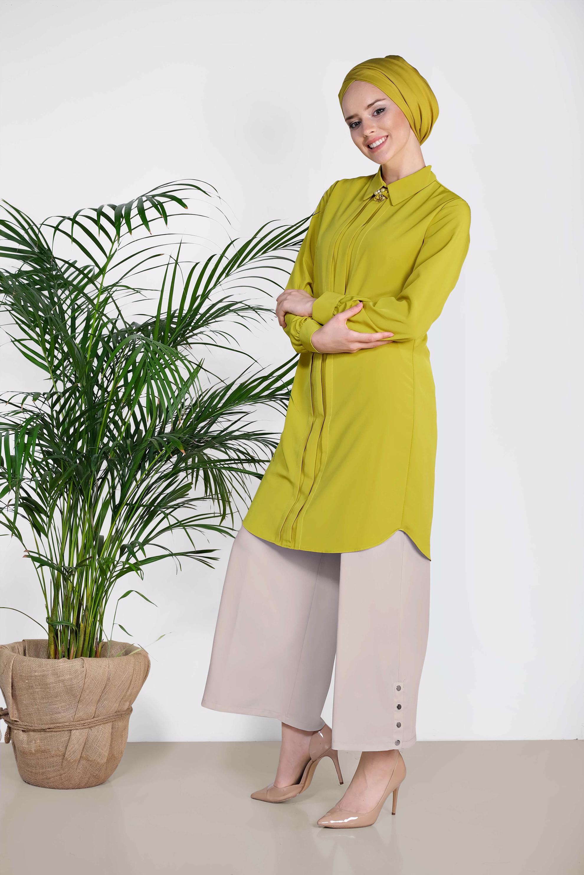 Tesettür giyim BEJ ÇITÇITLI GENİŞ KESİM PANTOLON 7368