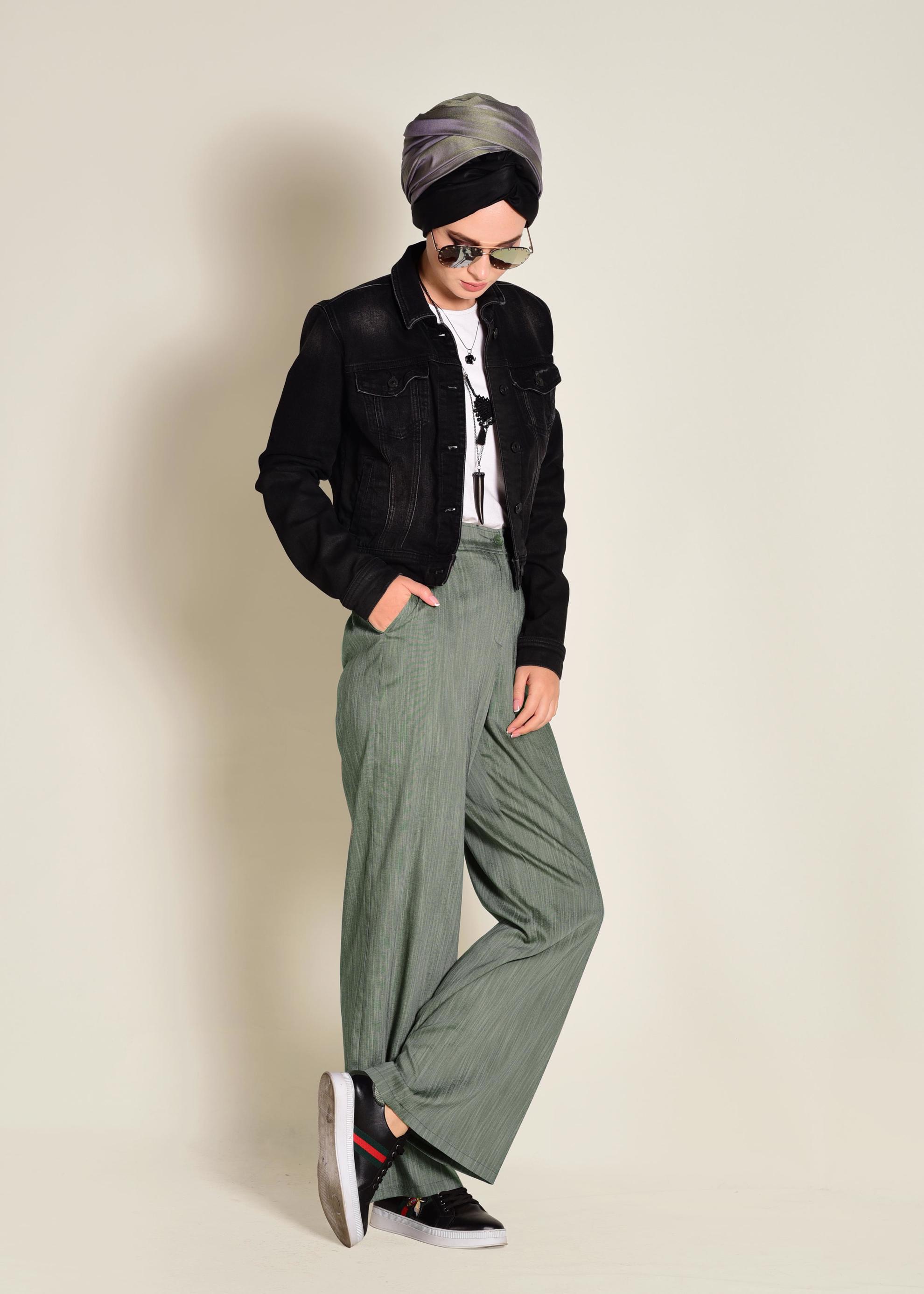 Tesettür giyim HAKİ DÜĞMELİ YÜKSEK BEL PANTOLON 7370