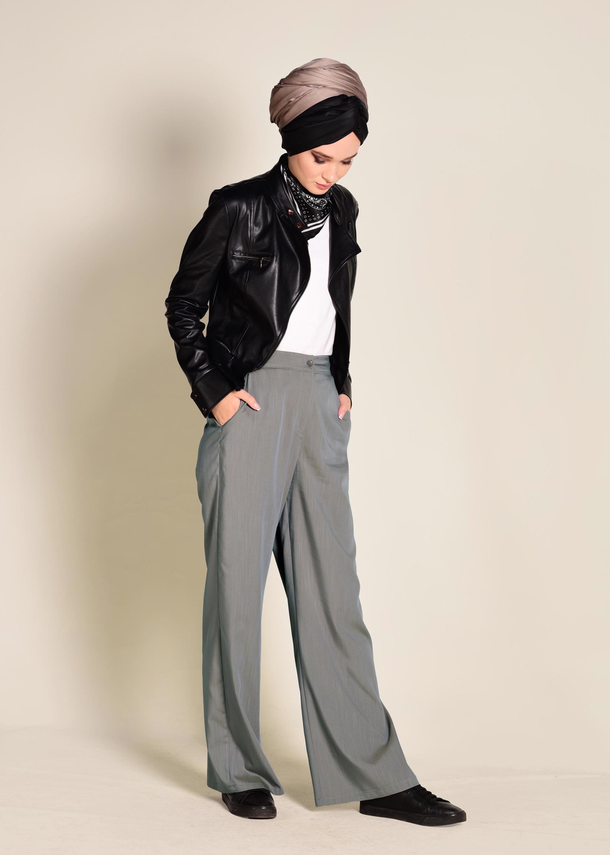 Tesettür giyim GRİ DÜĞMELİ YÜKSEK BEL PANTOLON 7370