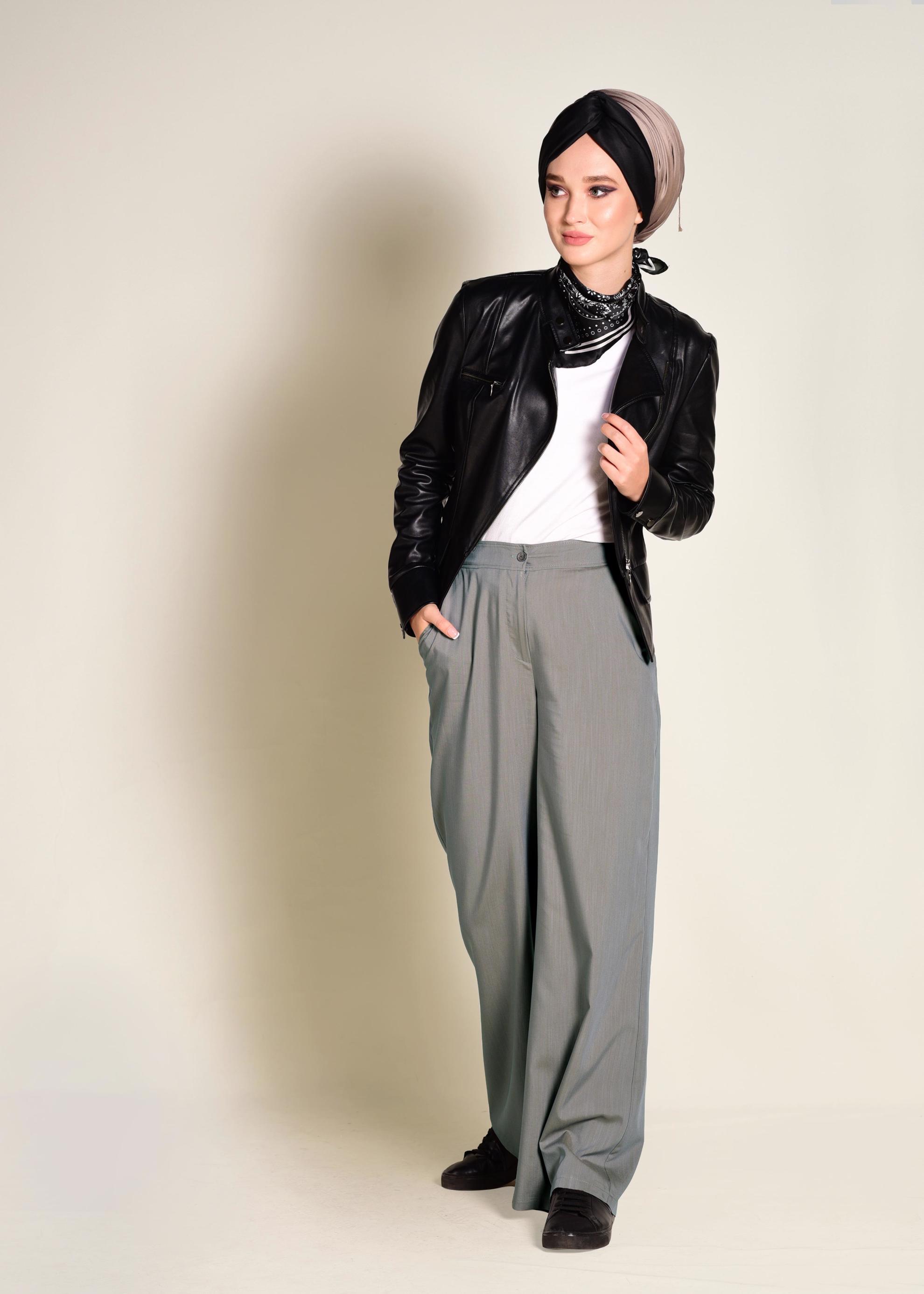 Tesettür giyim GRİ DÜĞMELİ YÜKSEK BEL PANTOLON 7370