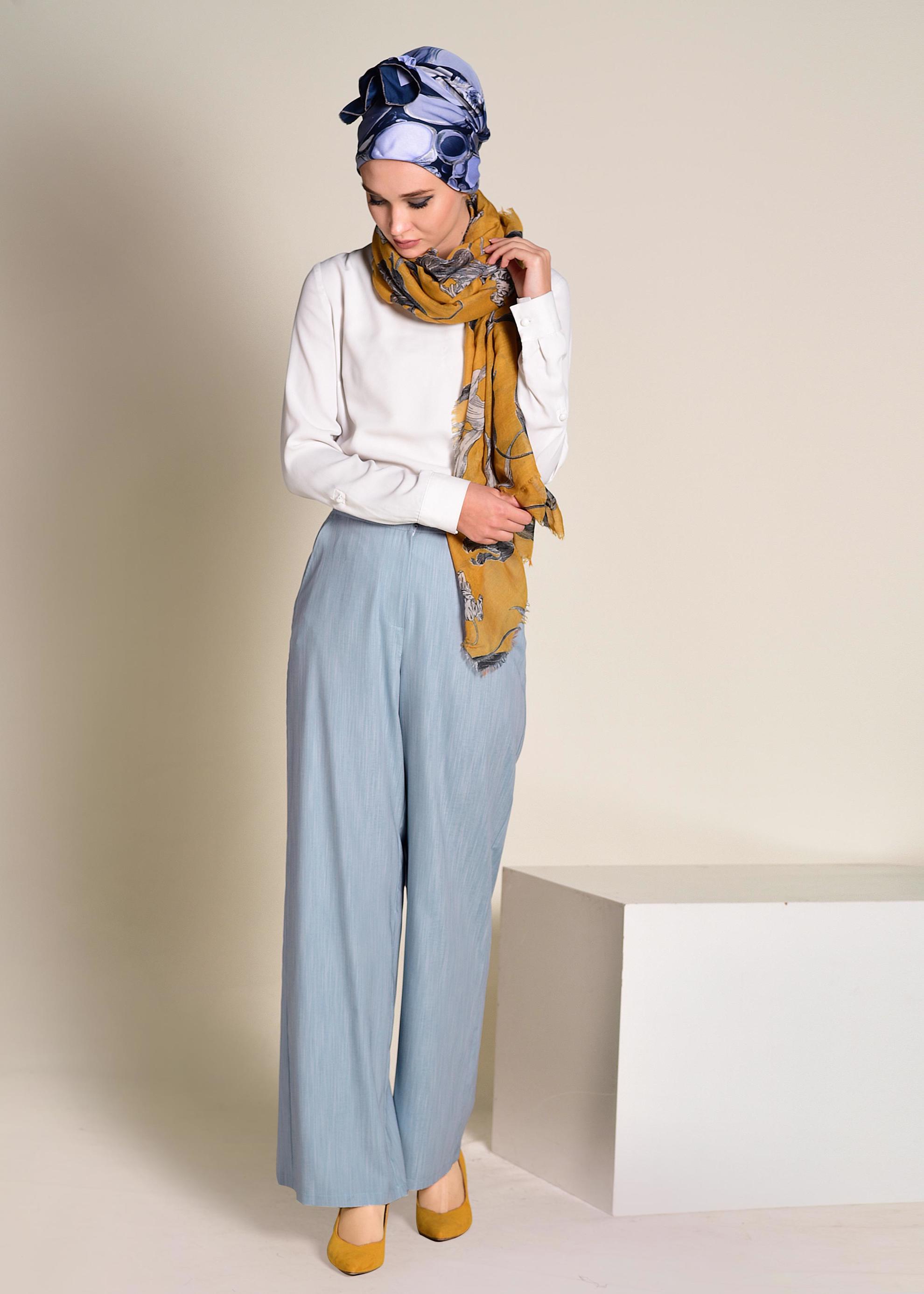 Tesettür giyim MAVİ DÜĞMELİ YÜKSEK BEL PANTOLON 7370