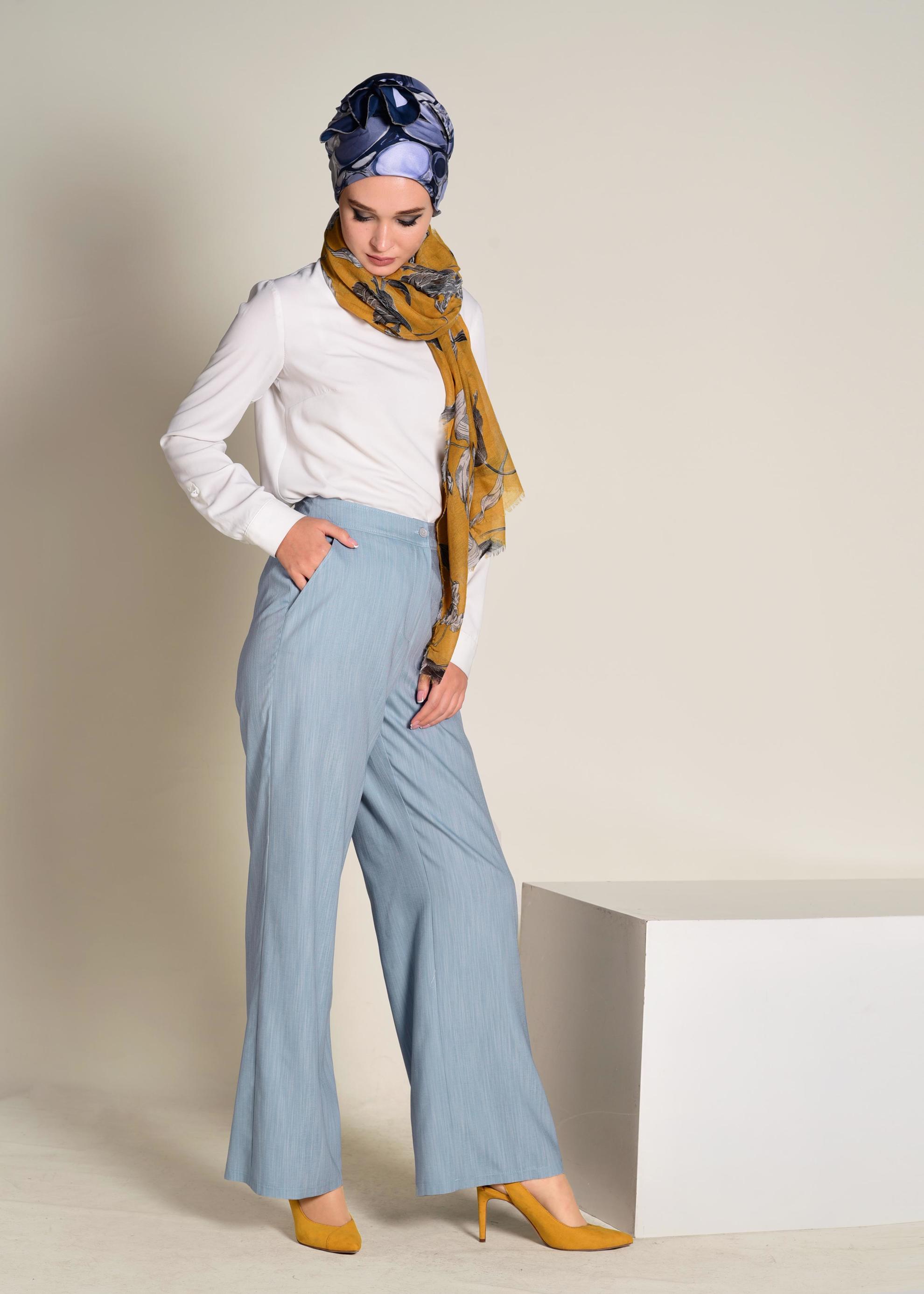 Tesettür giyim MAVİ DÜĞMELİ YÜKSEK BEL PANTOLON 7370