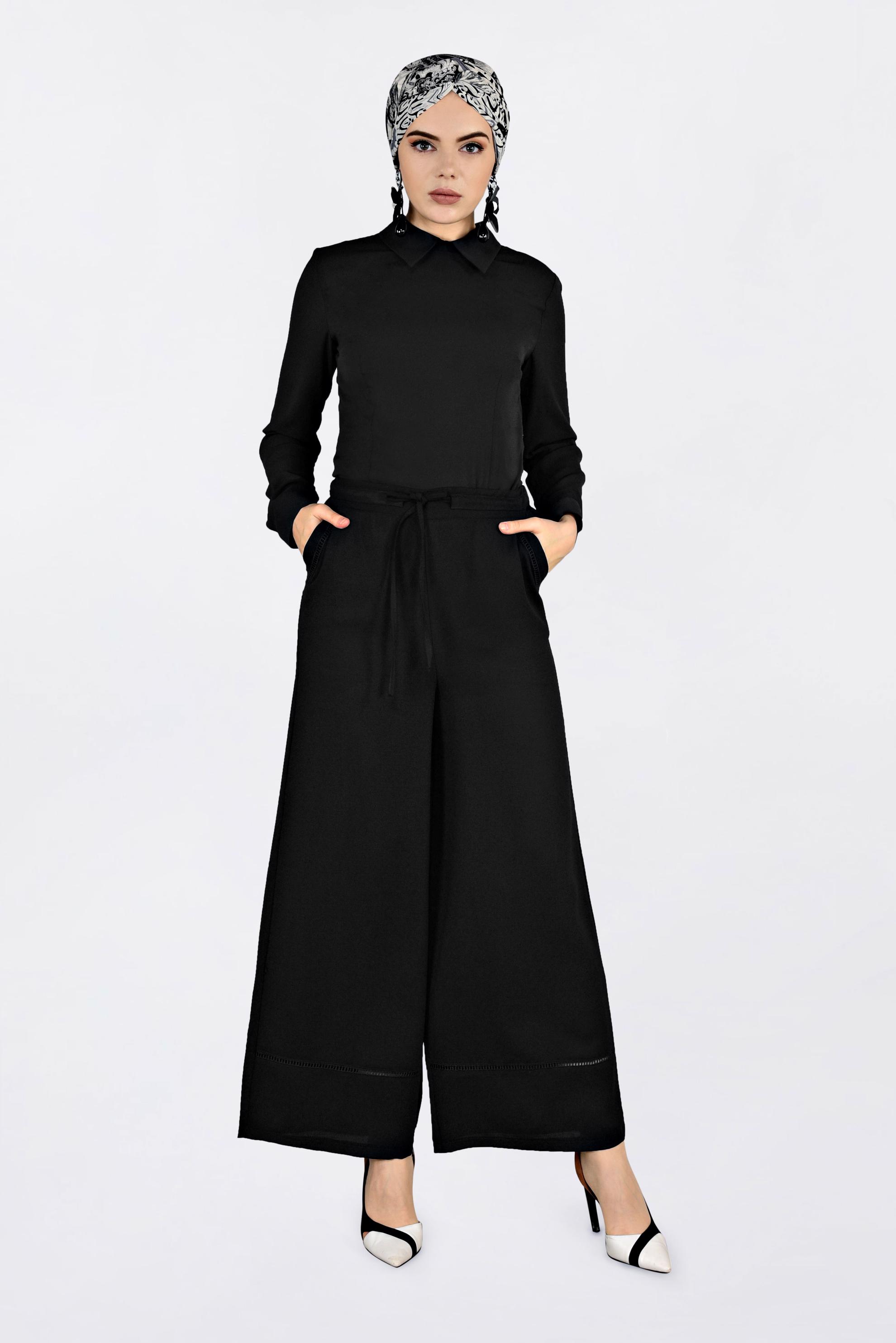 Tesettür giyim SİYAH BELİ BAĞCIKLI BOL PAÇA PANTOLON 7371