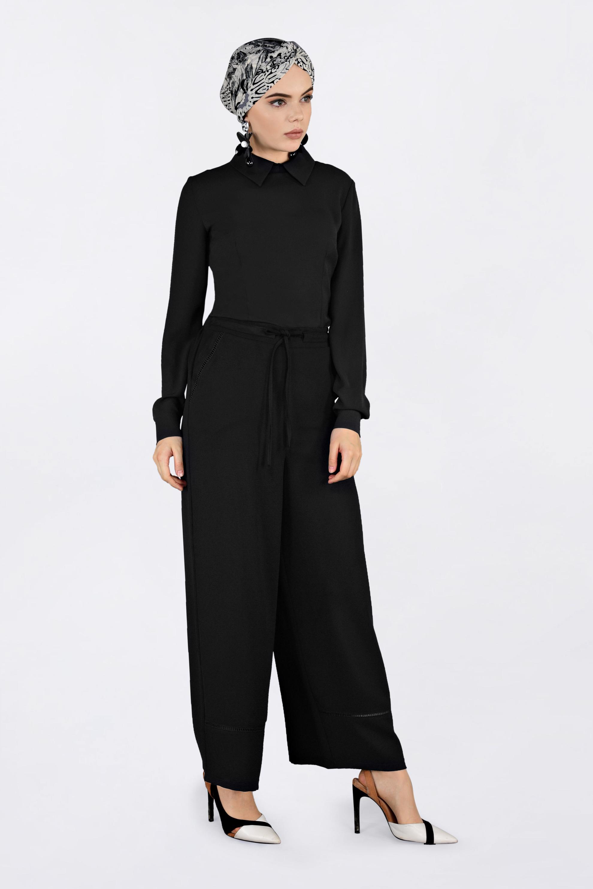 Tesettür giyim SİYAH BELİ BAĞCIKLI BOL PAÇA PANTOLON 7371