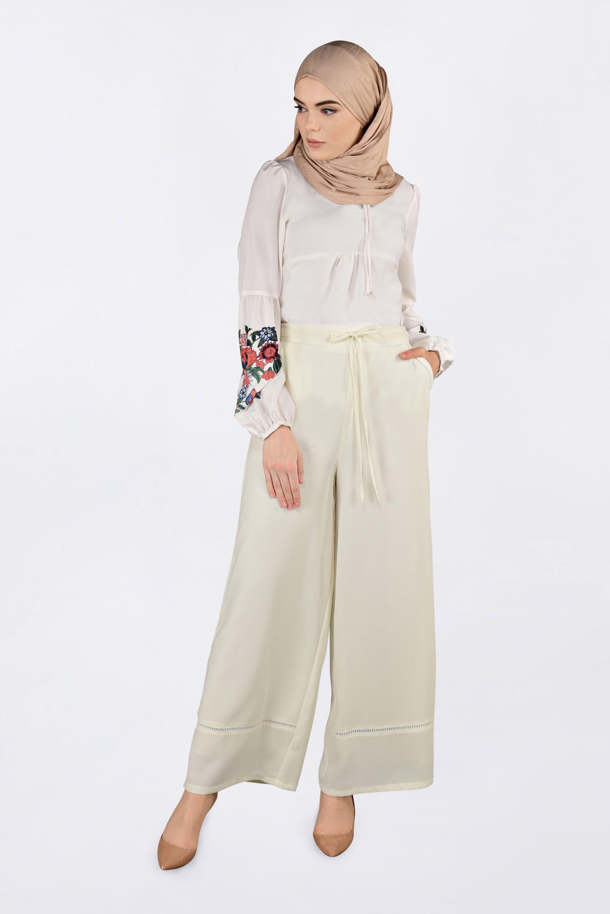 Tesettür giyim EKRU BELİ BAĞCIKLI BOL PAÇA PANTOLON 7371