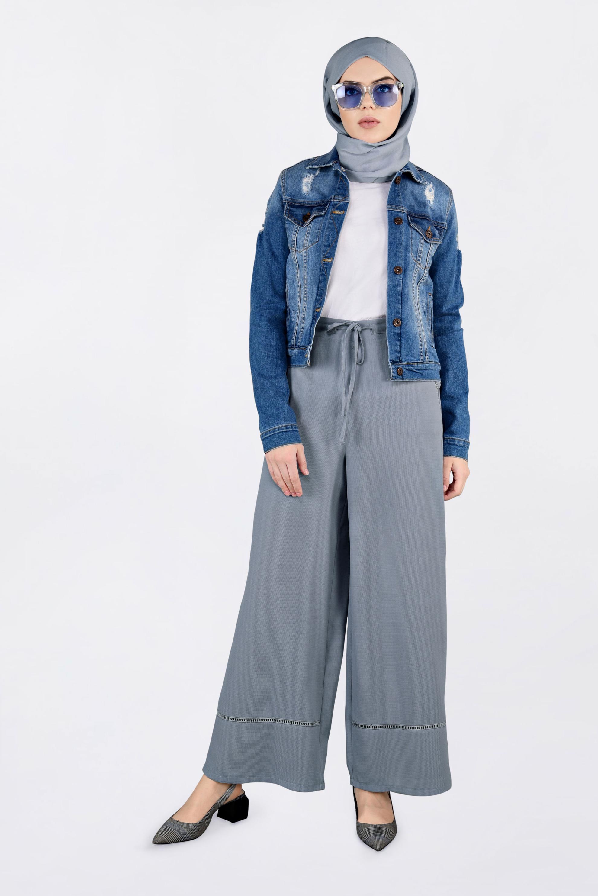 Tesettür giyim GRİ BELİ BAĞCIKLI BOL PAÇA PANTOLON 7371