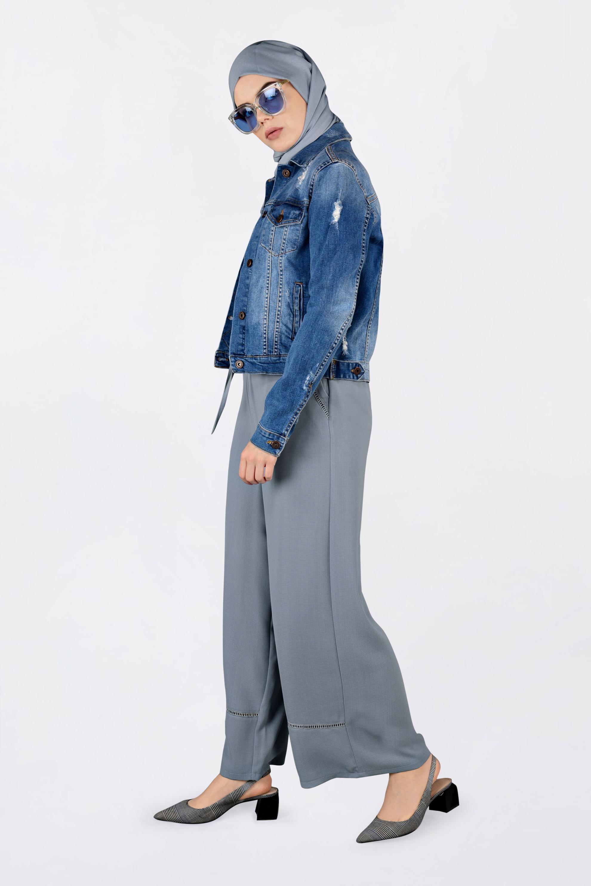 Tesettür giyim GRİ BELİ BAĞCIKLI BOL PAÇA PANTOLON 7371