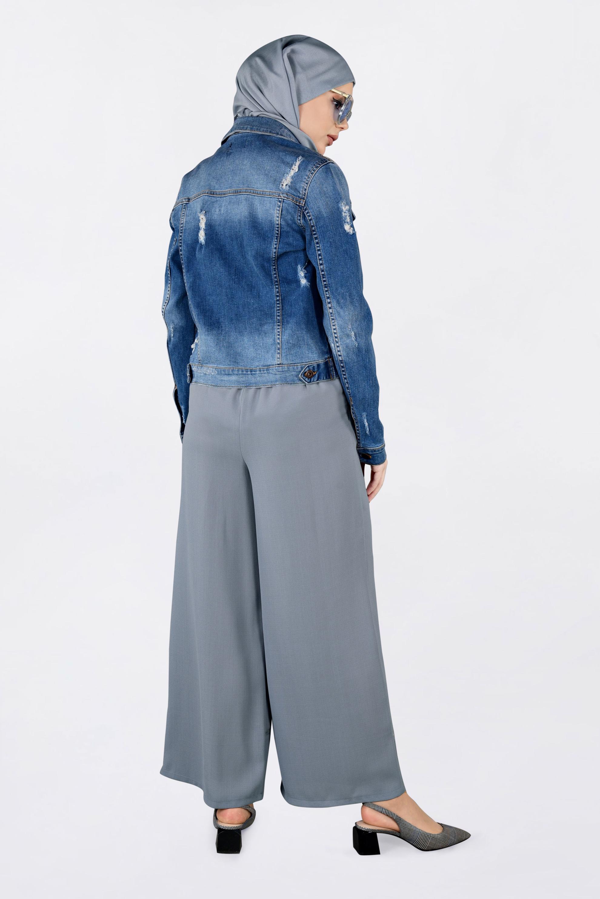 Tesettür giyim GRİ BELİ BAĞCIKLI BOL PAÇA PANTOLON 7371