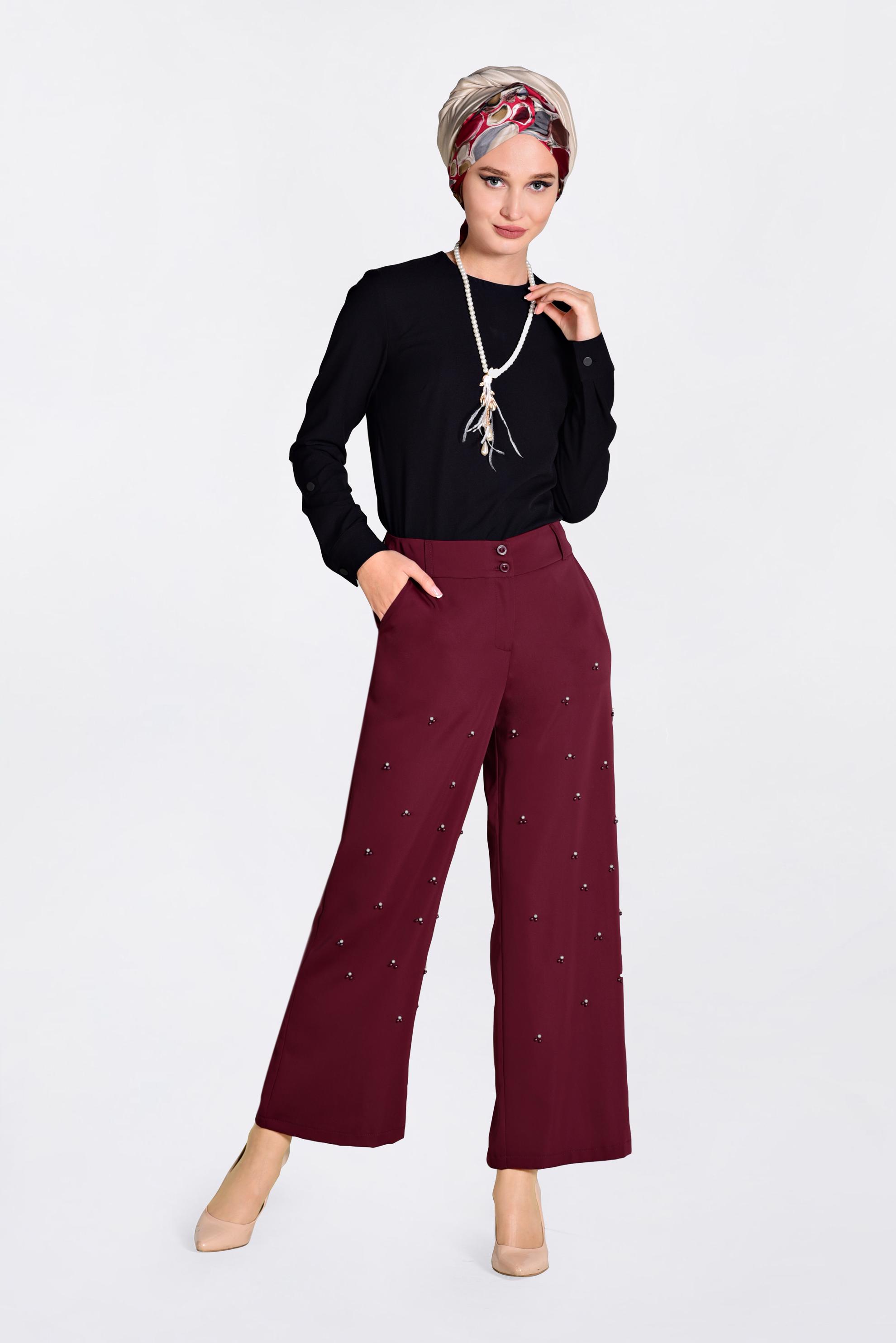 Tesettür giyim BORDO İNCİLİ BOL PAÇA PANTOLON 7372