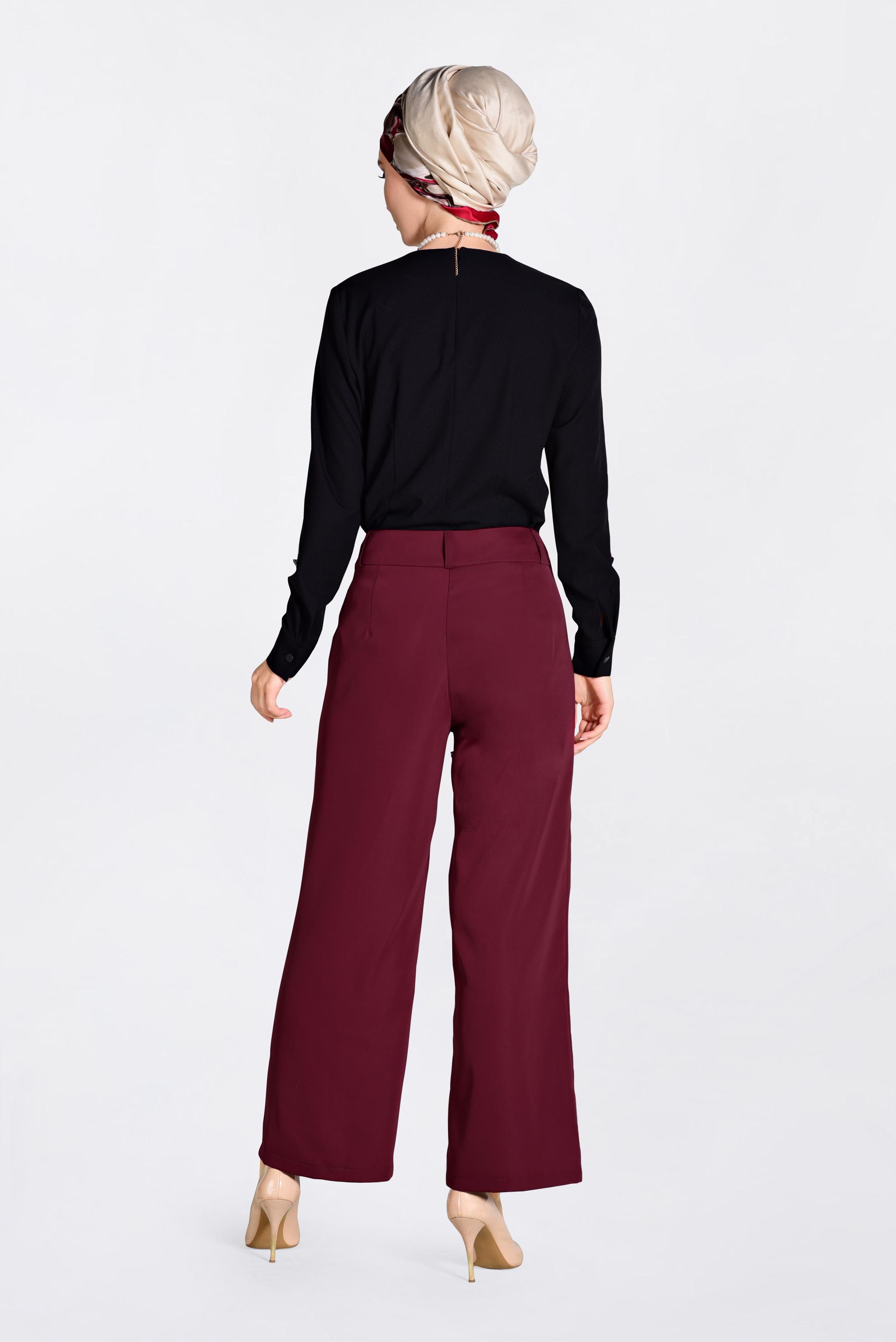 Tesettür giyim BORDO İNCİLİ BOL PAÇA PANTOLON 7372