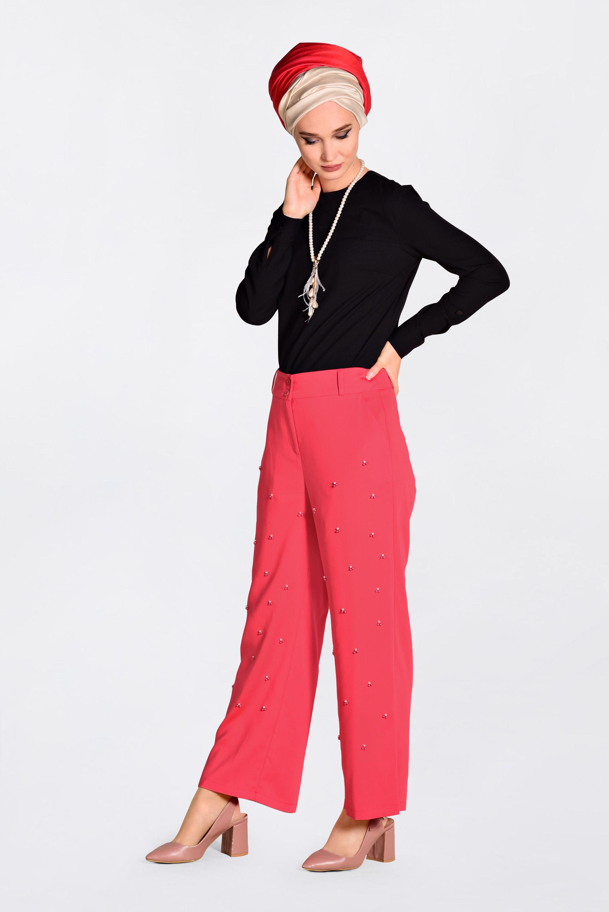 Tesettür giyim MERCAN İNCİLİ BOL PAÇA PANTOLON 7372