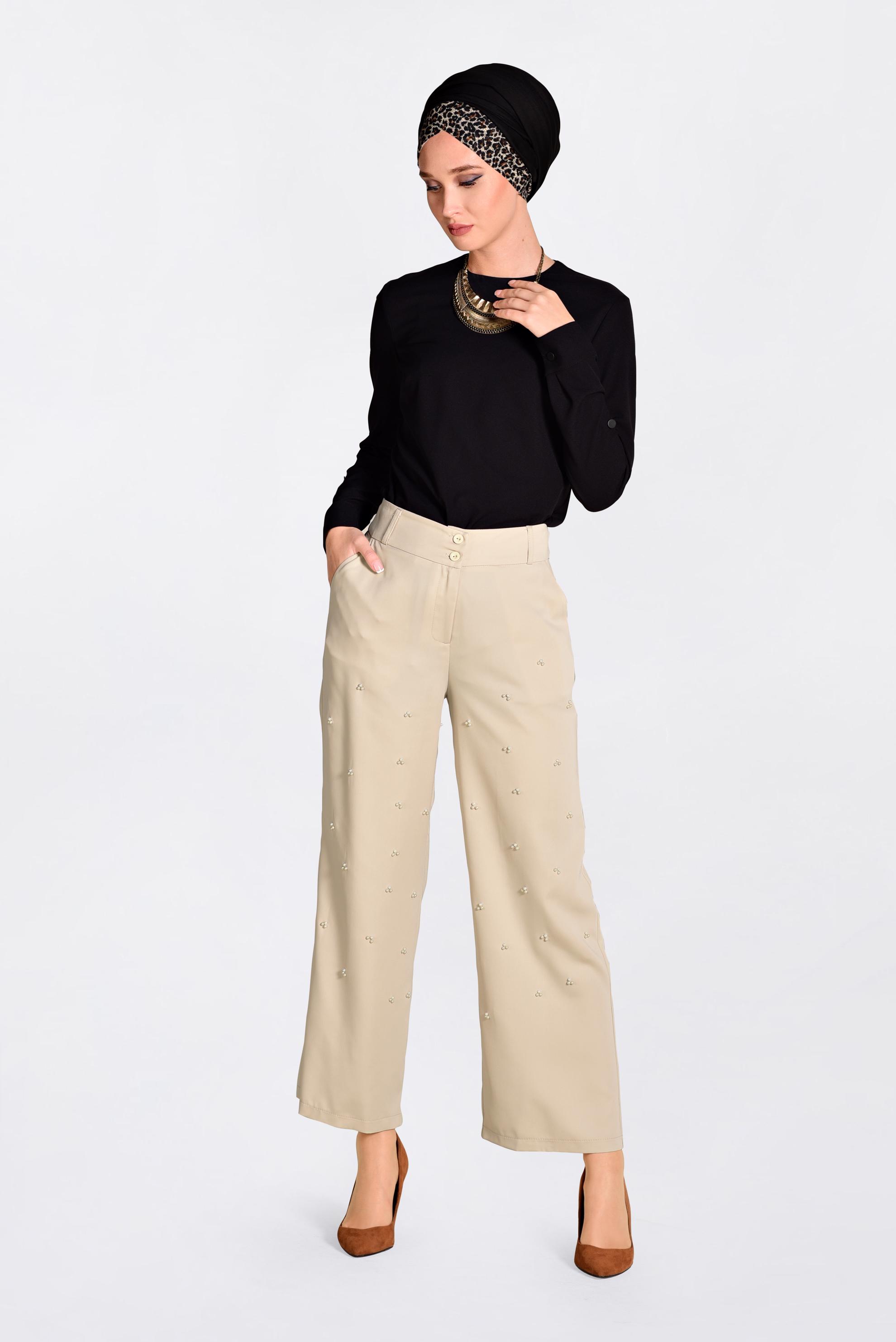 Tesettür giyim BEJ İNCİLİ BOL PAÇA PANTOLON 7372