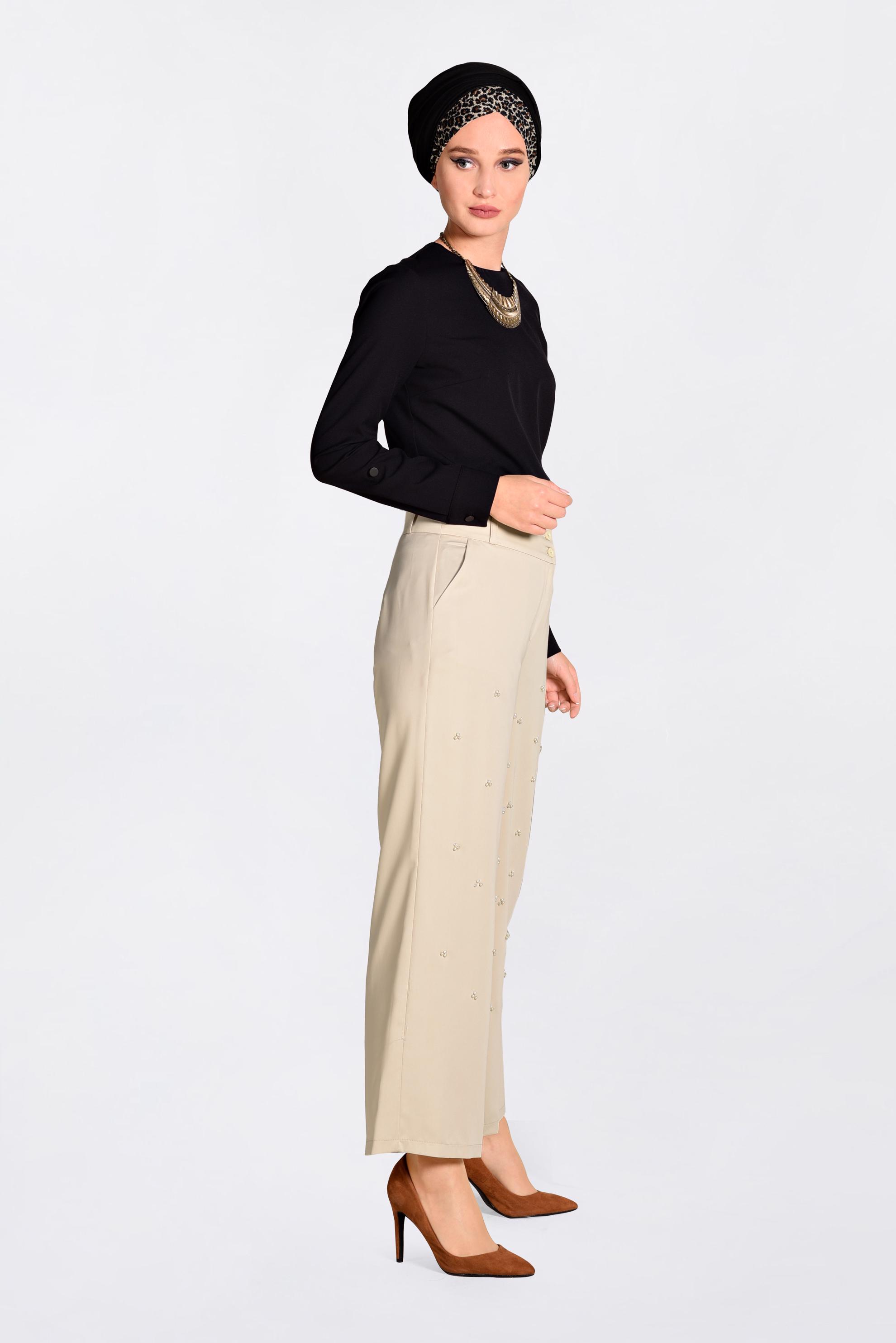 Tesettür giyim BEJ İNCİLİ BOL PAÇA PANTOLON 7372