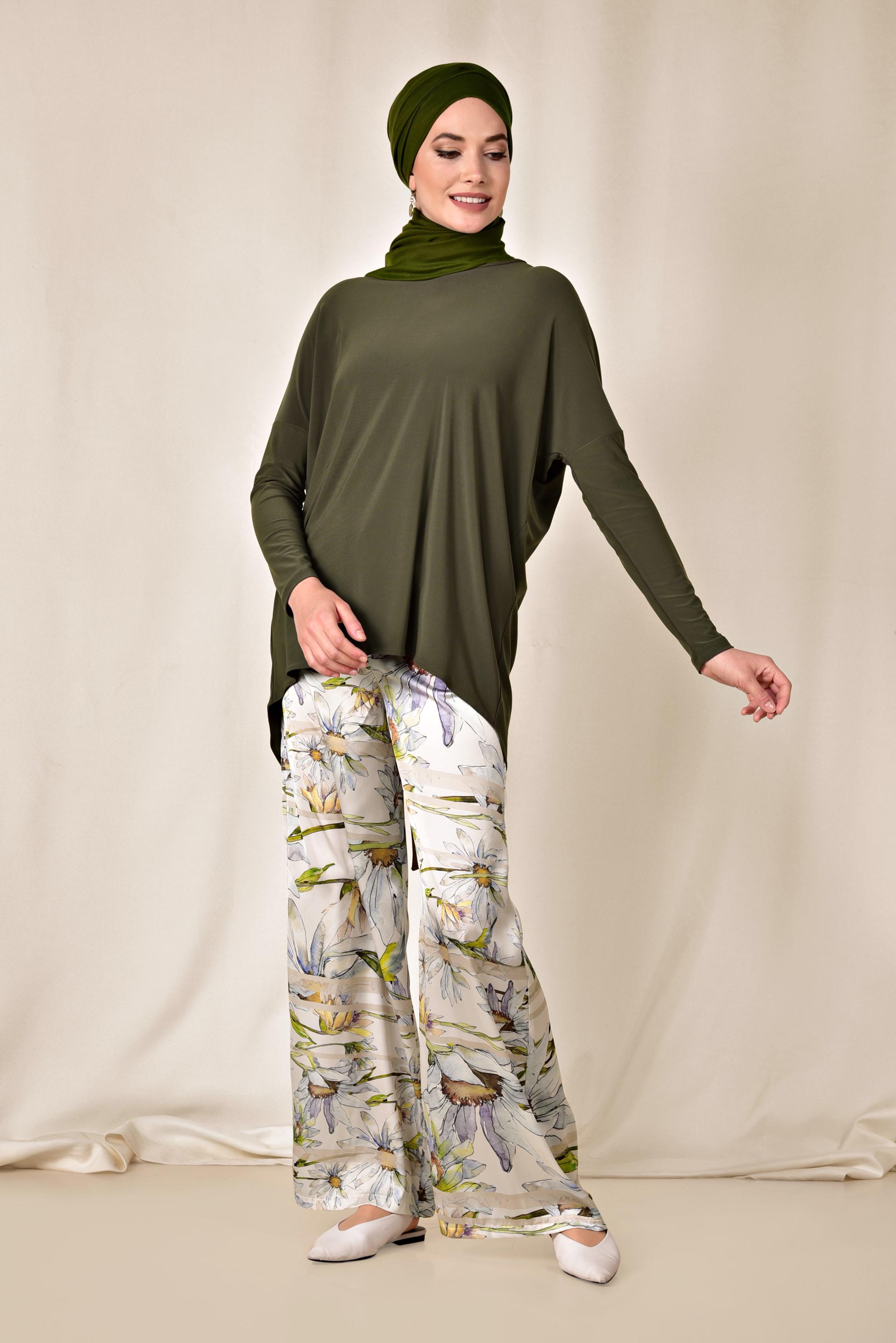 Tesettür giyim BEJ ÇİÇEK DESENLİ PANTOLON 7505 