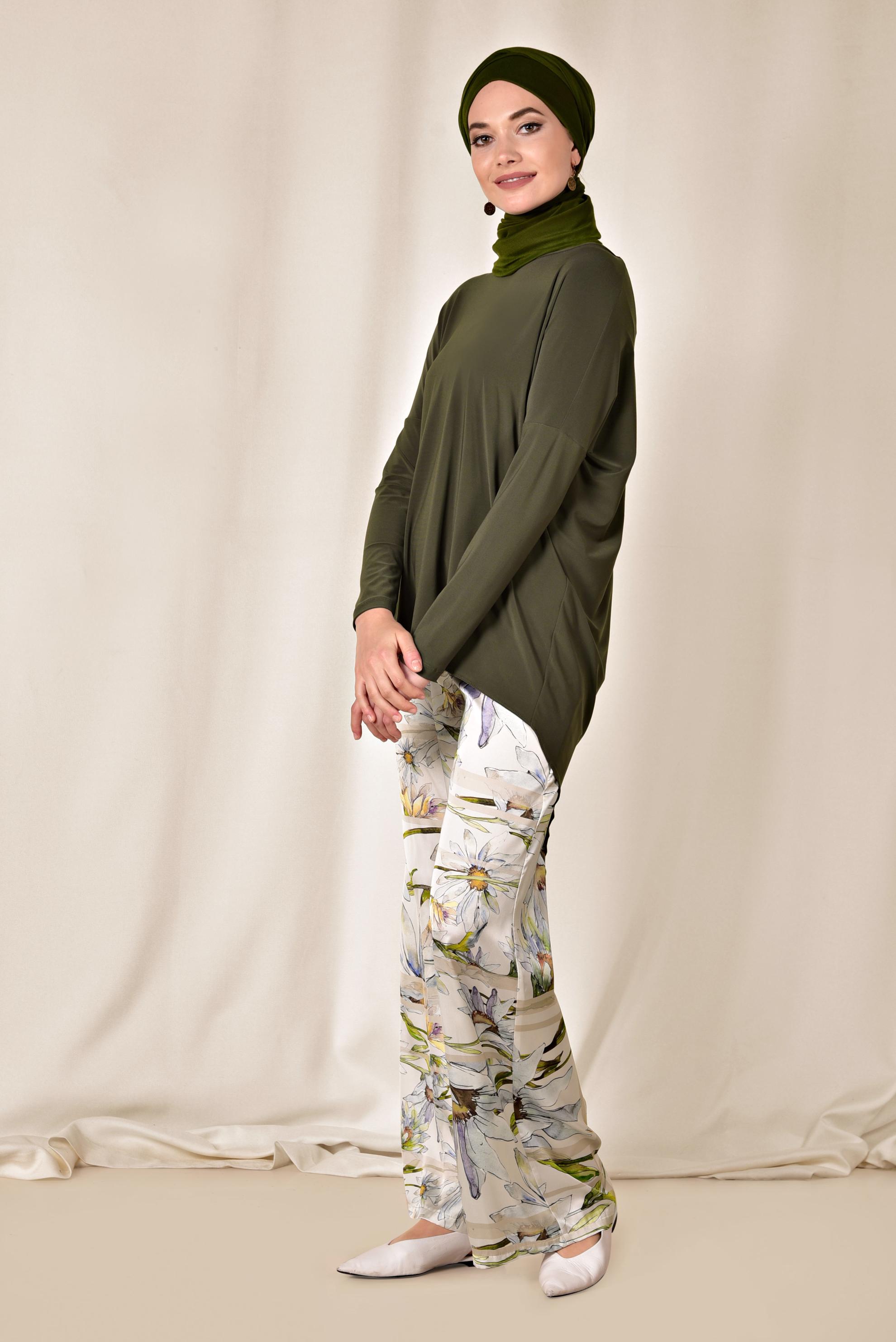 Tesettür giyim BEJ ÇİÇEK DESENLİ PANTOLON 7505 