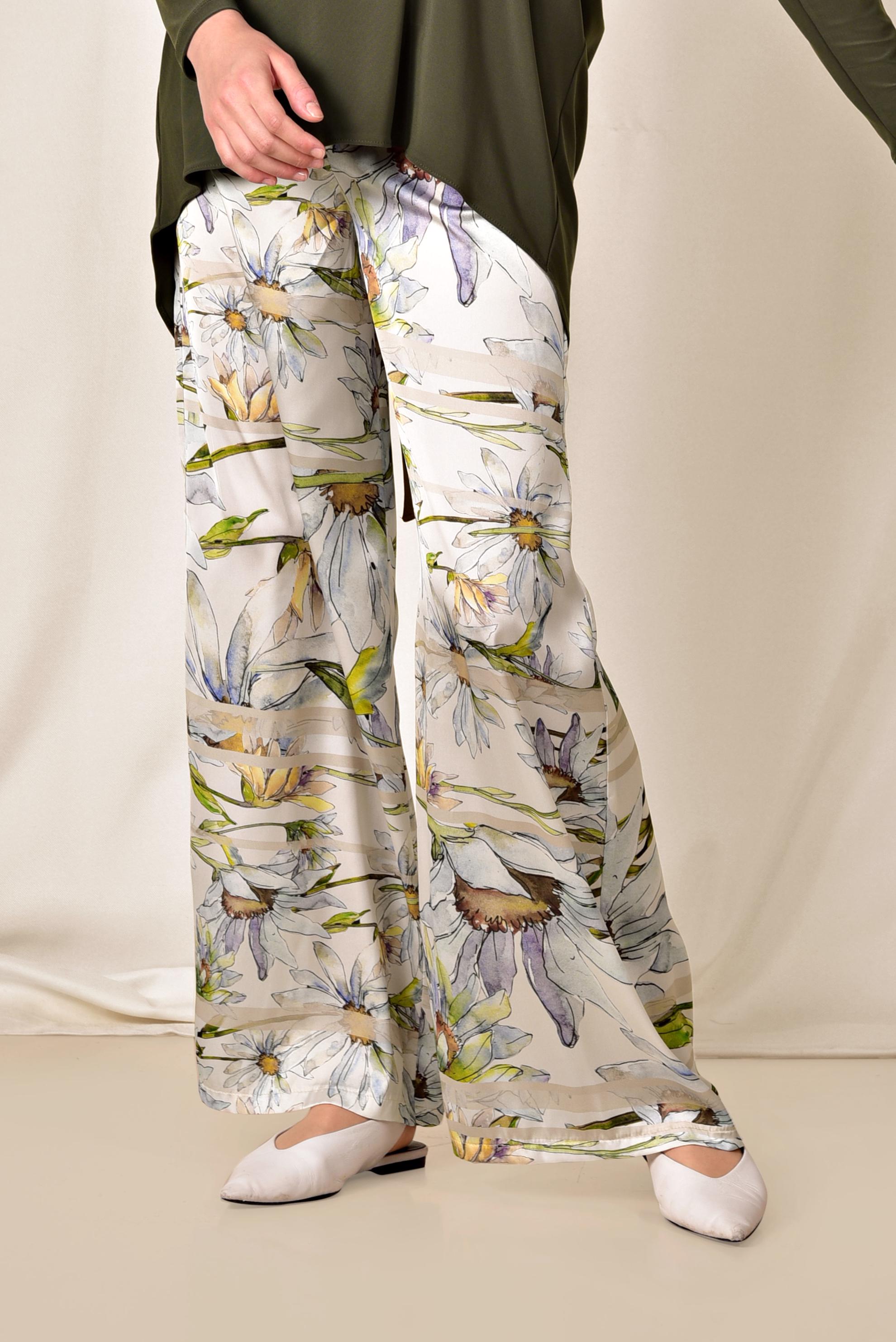 Tesettür giyim BEJ ÇİÇEK DESENLİ PANTOLON 7505 